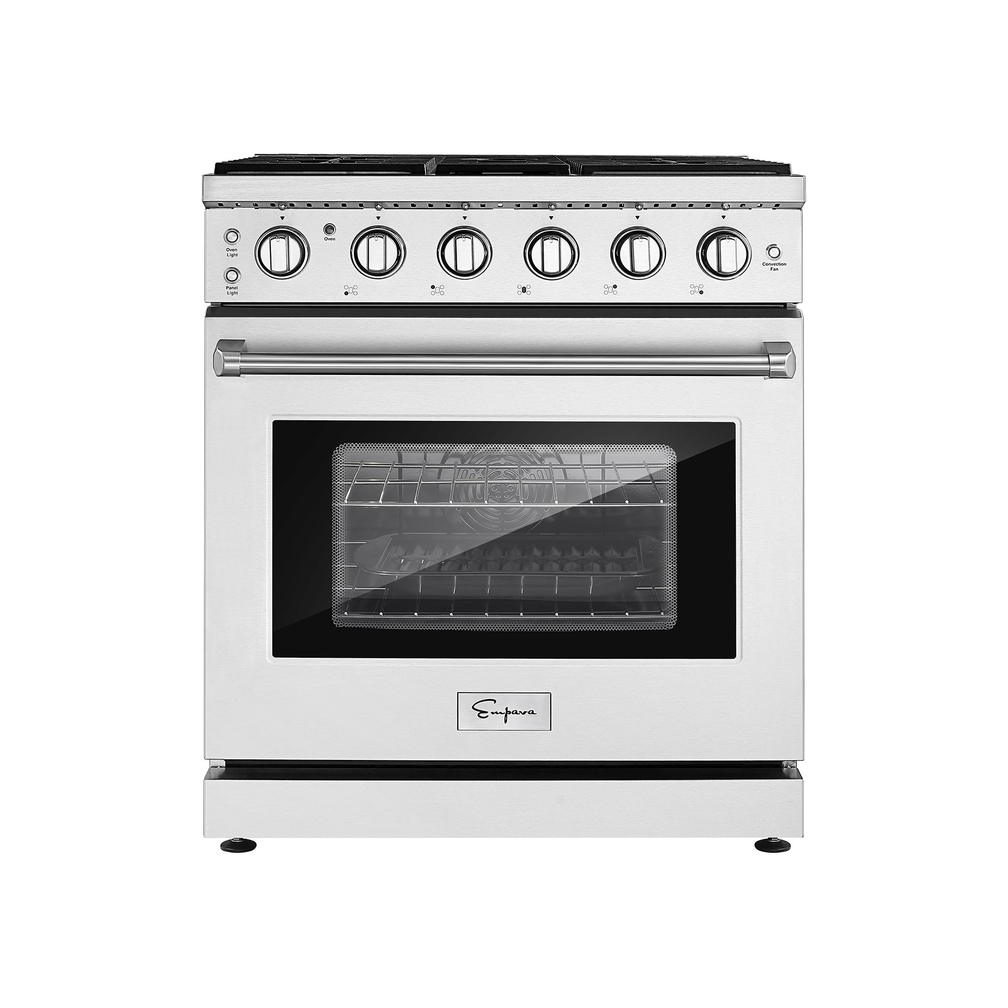 Stainless steel gas range with oven window and control knobs