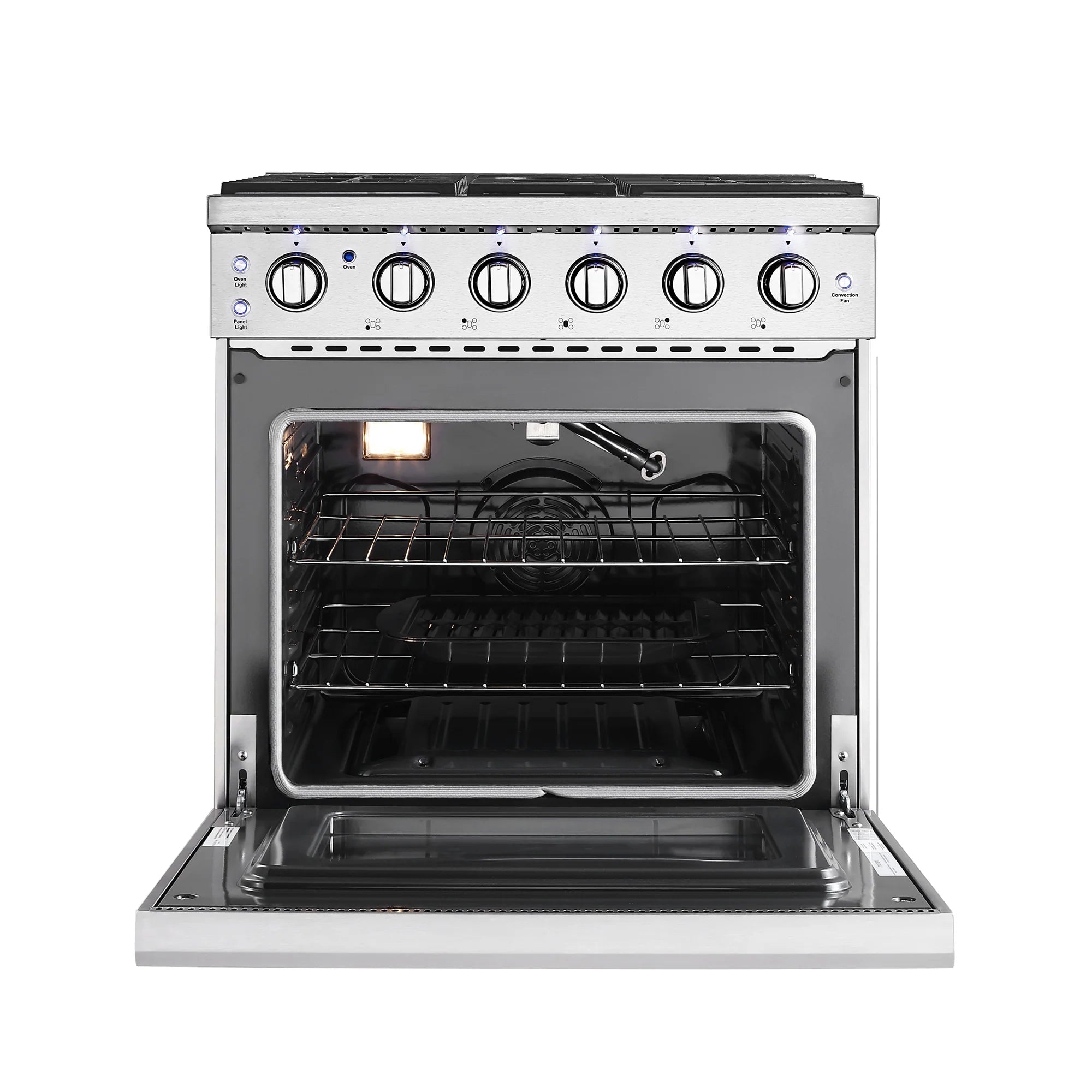 Stainless steel oven door open, showing racks and interior burner area