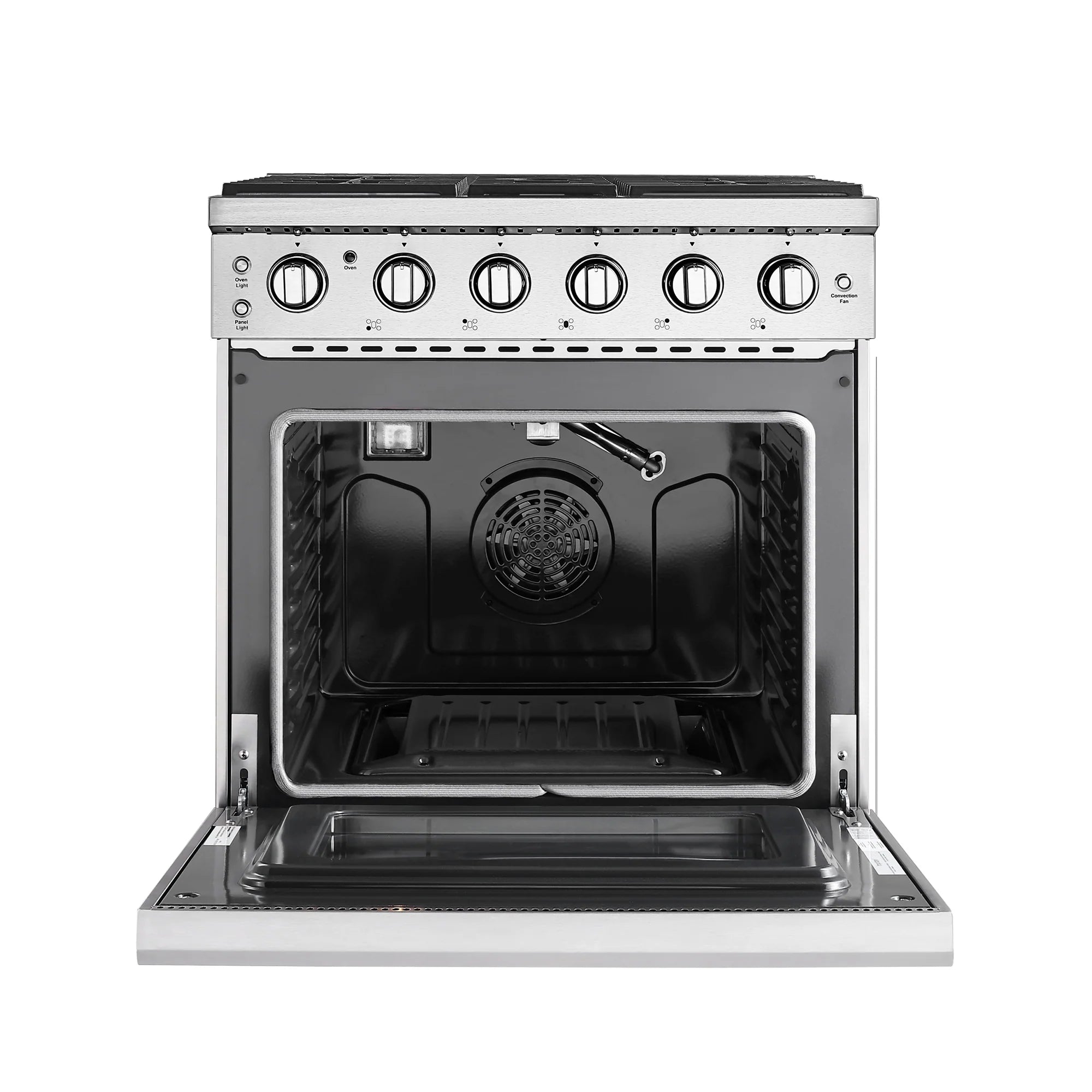 Oven door open on stainless steel gas range with visible fan and racks