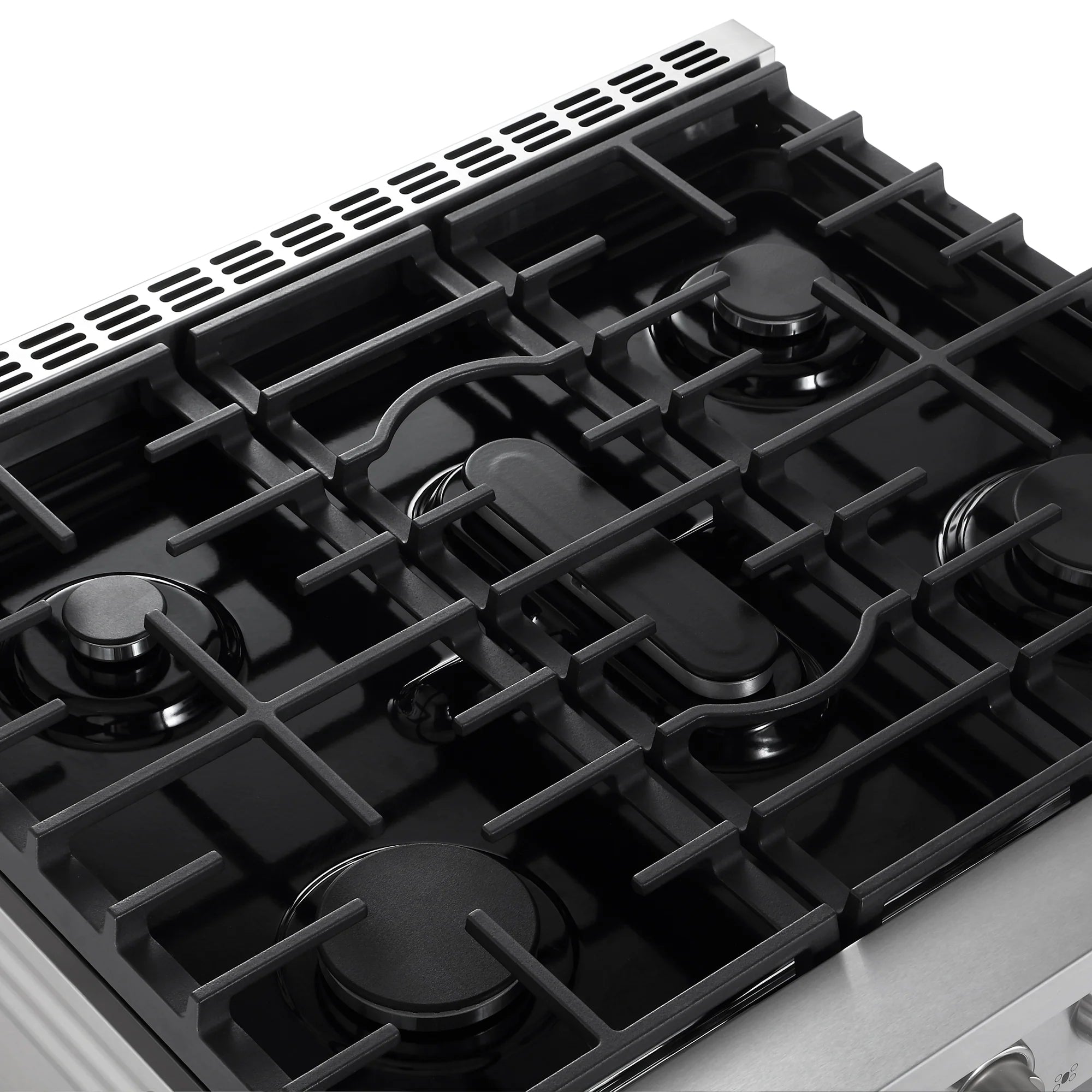 Stainless steel gas cooktop with black grates and multiple burners