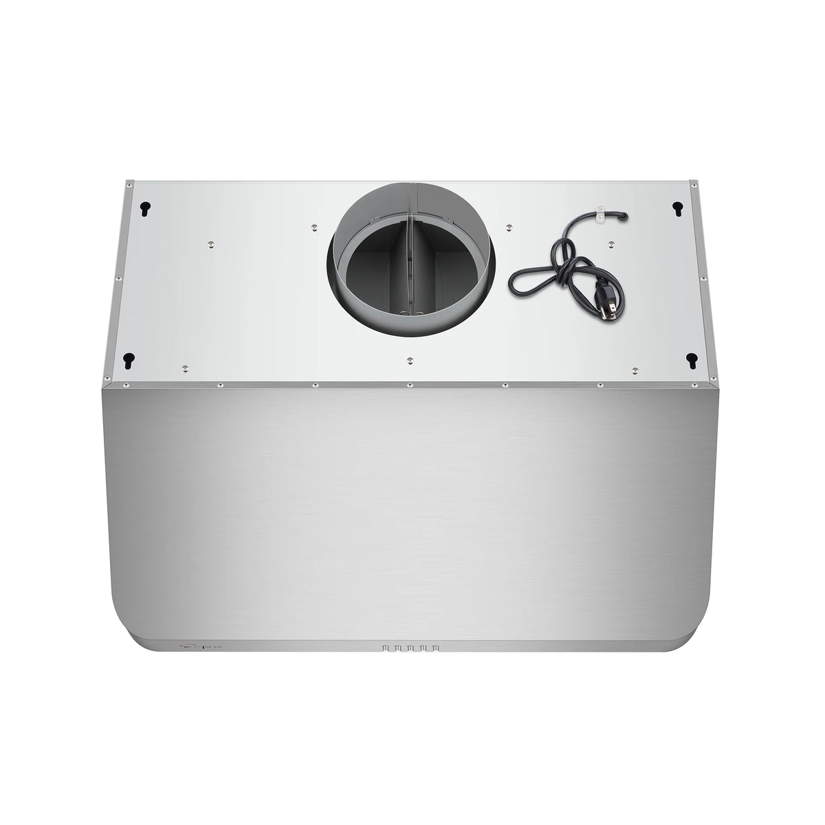 Range hood underside with round duct opening and attached electrical components