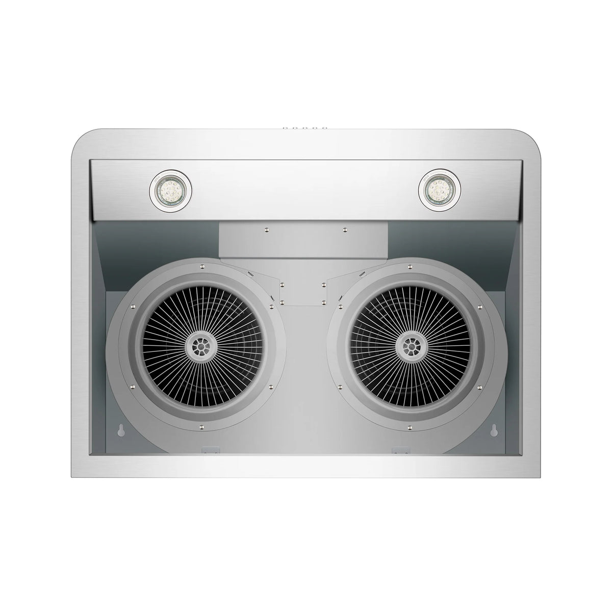 Under-cabinet range hood with internal twin fan housings behind front filter panel