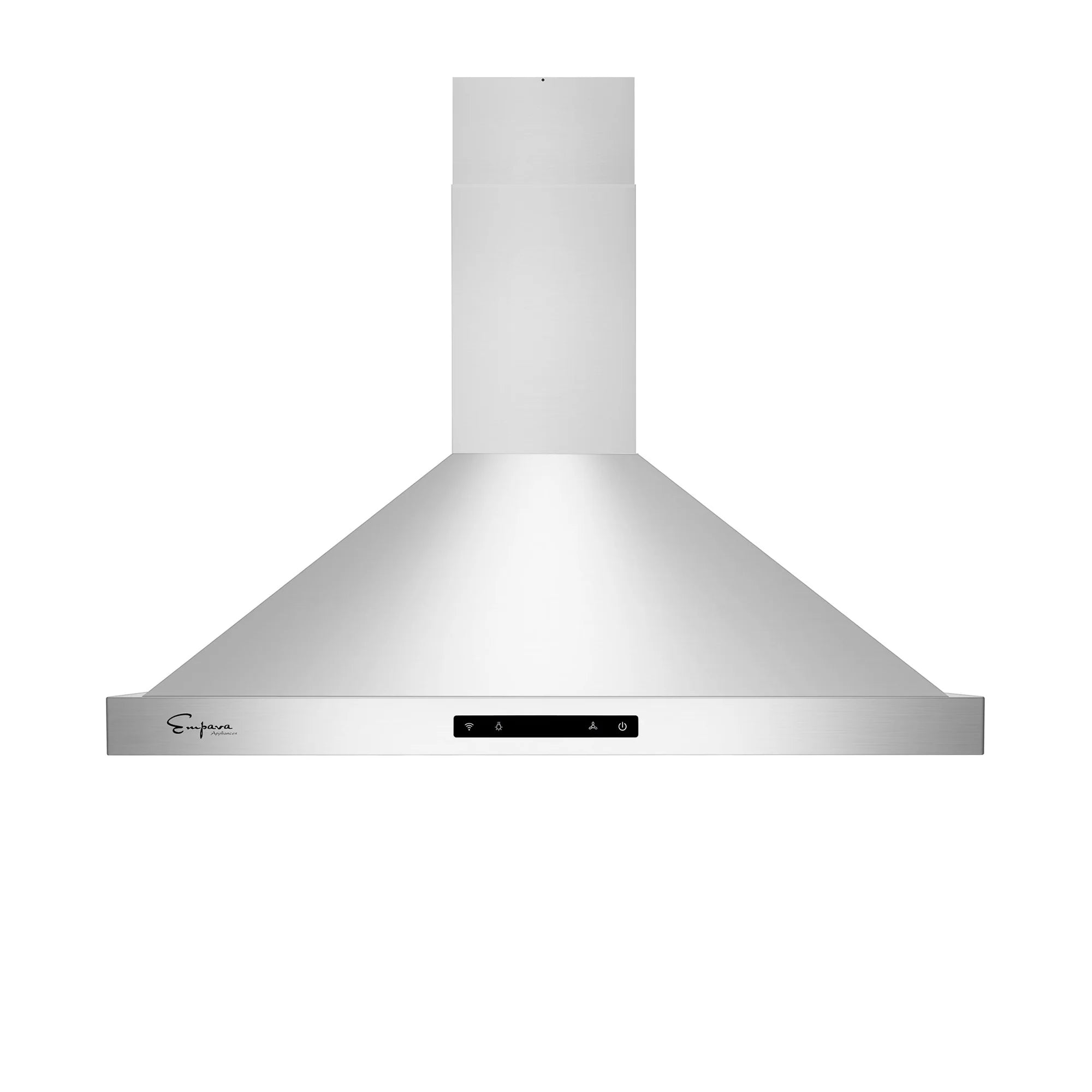 Stainless steel wall-mount range hood with sloped canopy and centered control panel