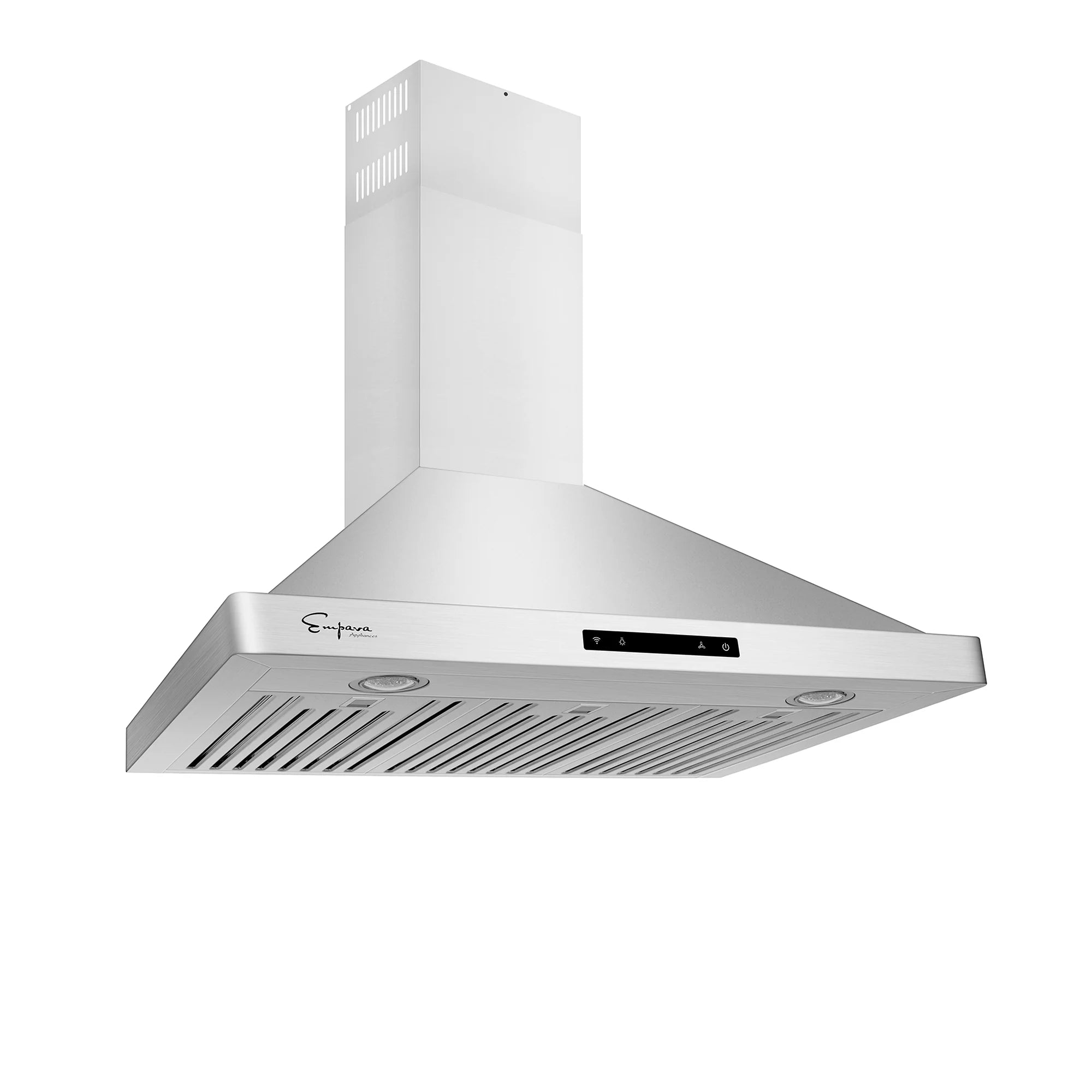 Stainless steel wall-mount range hood with vent grille and top control buttons
