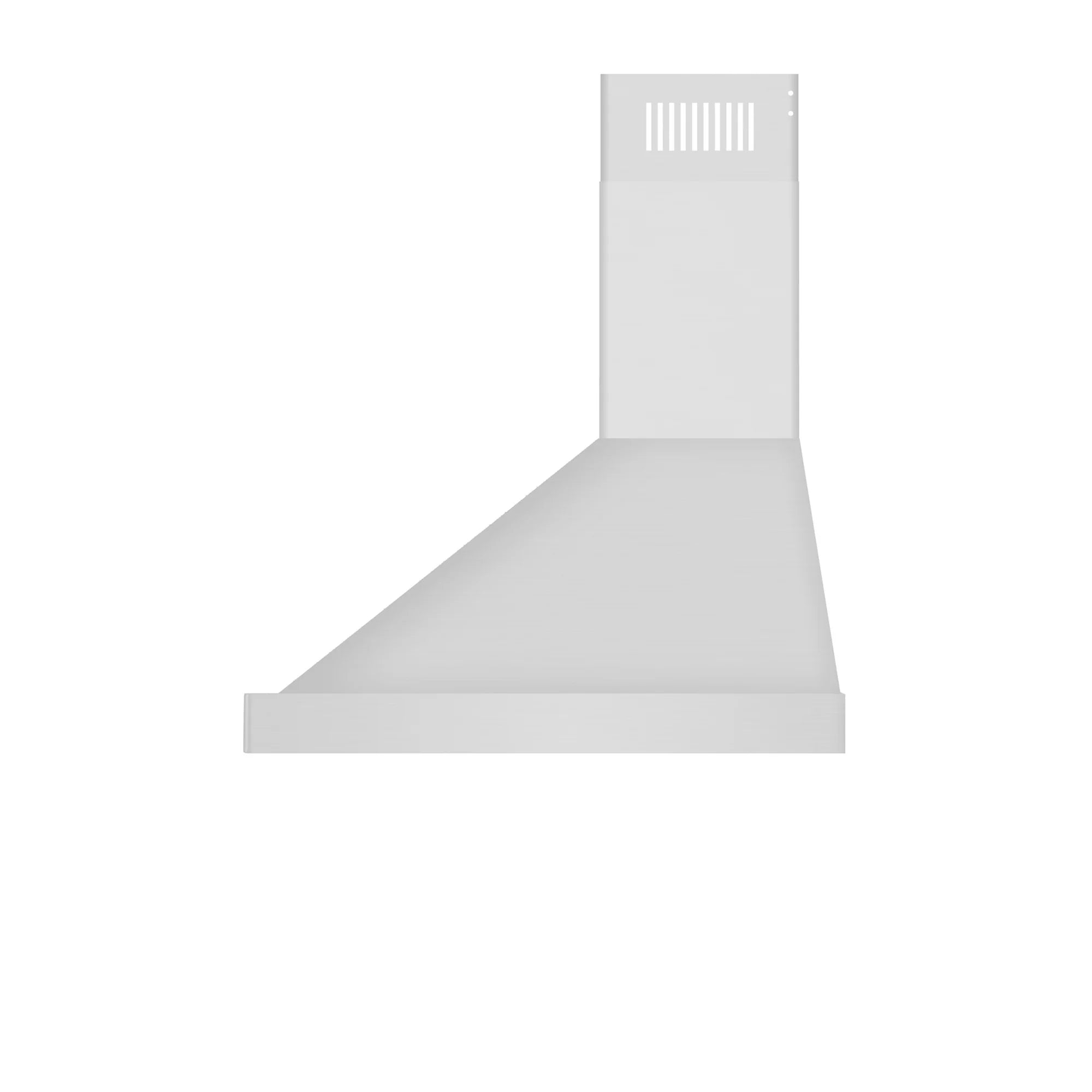 Stainless steel wall-mount range hood with chimney stack and wide vent canopy