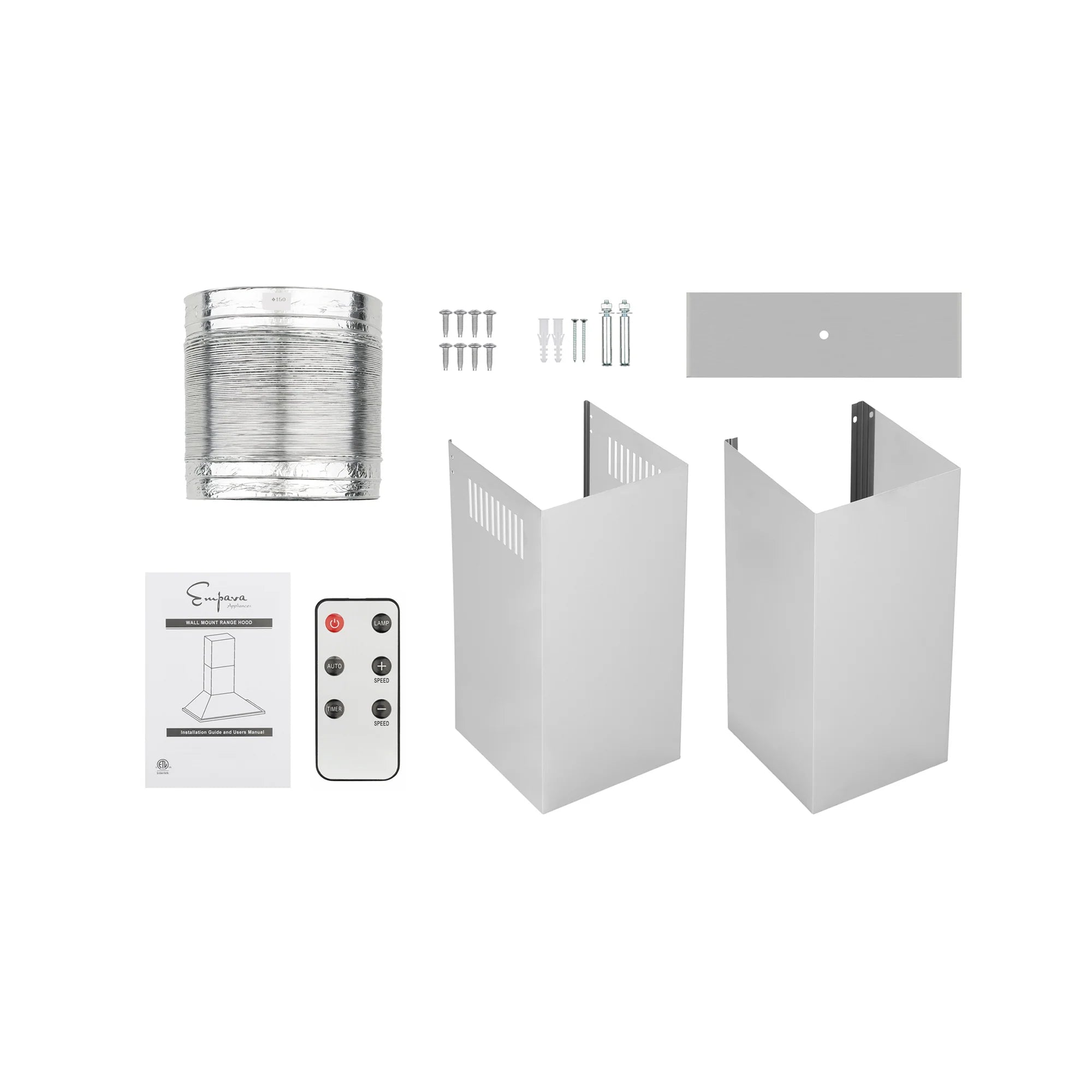 Stainless steel wall mount range hood parts: duct chimney, filters, and control panel