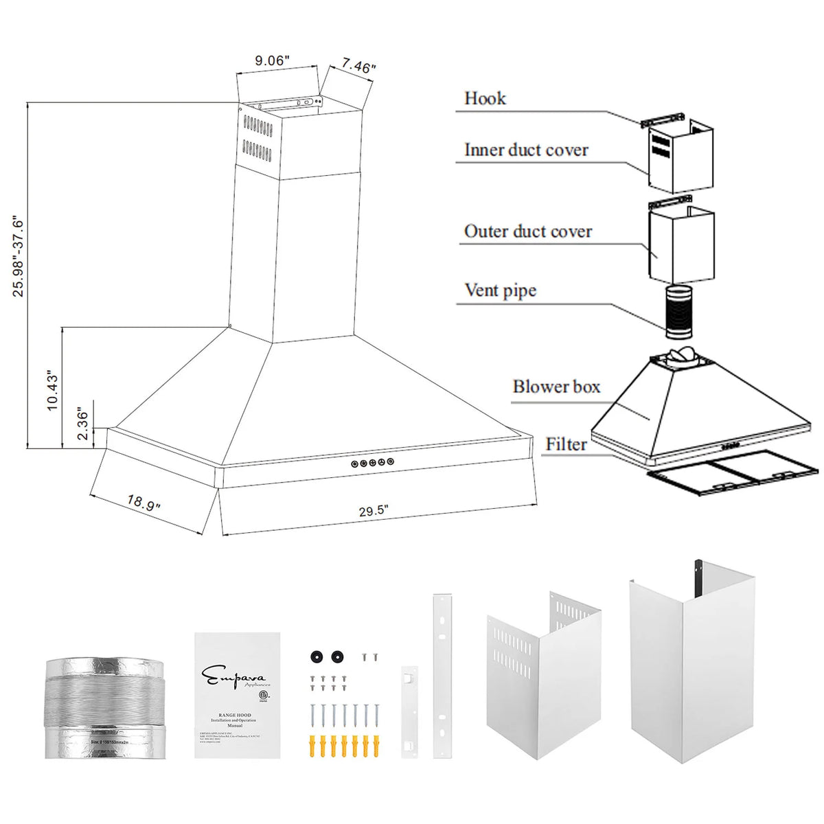 Range hood ducting and installation parts diagram with filter, blower box, and pipes