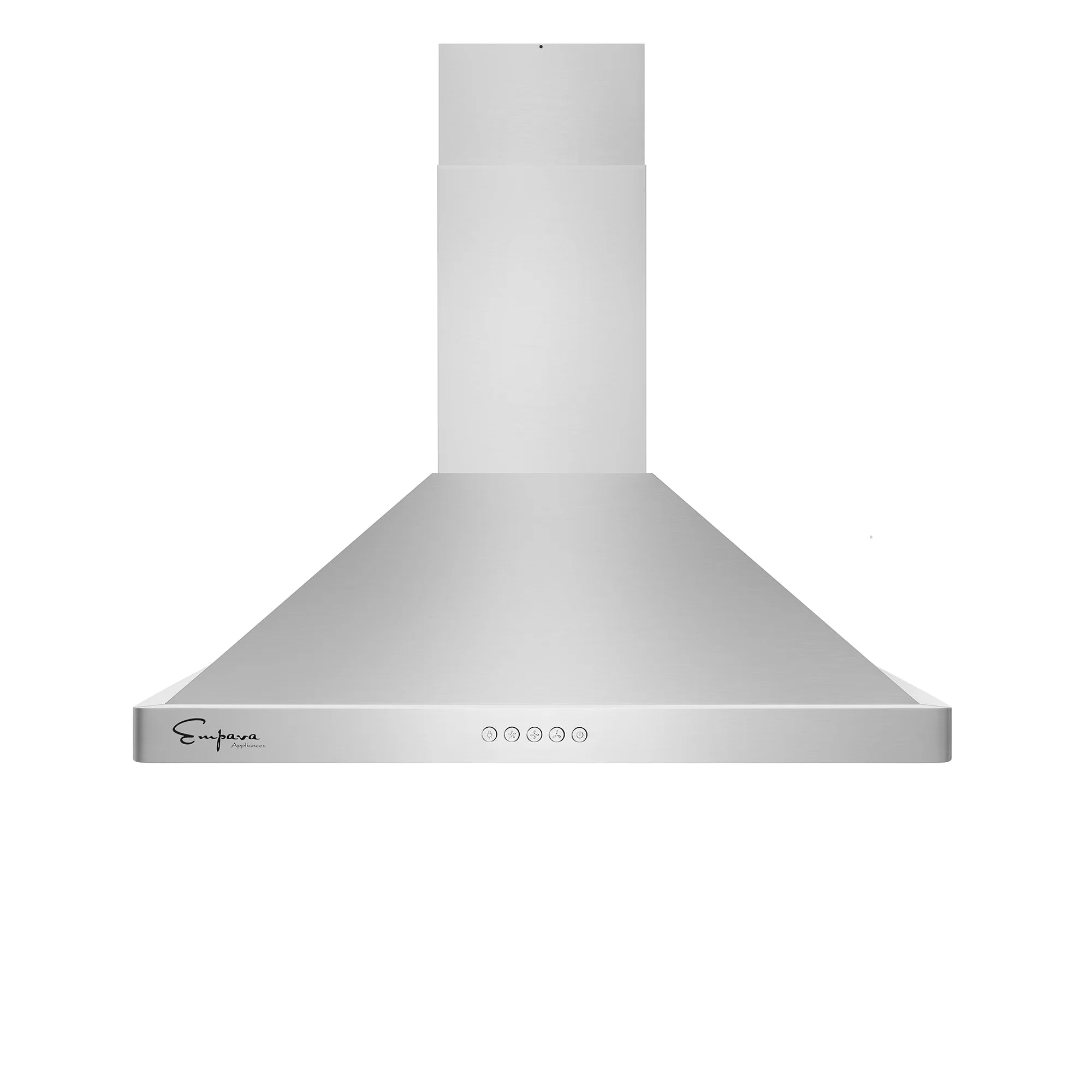 Stainless steel wall-mount range hood canopy with control panel and chimney