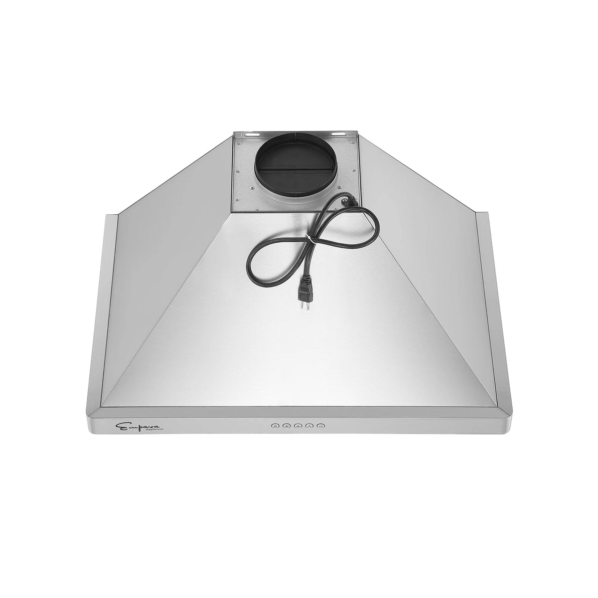 Stainless steel range hood underside showing circular blower housing and wiring
