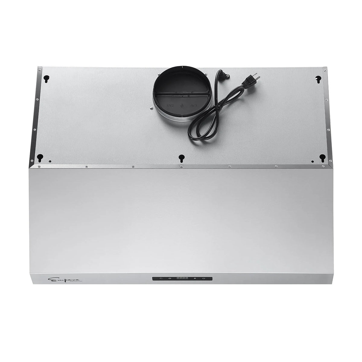 Stainless steel range hood underside with wiring and mounting hardware, rear access view.