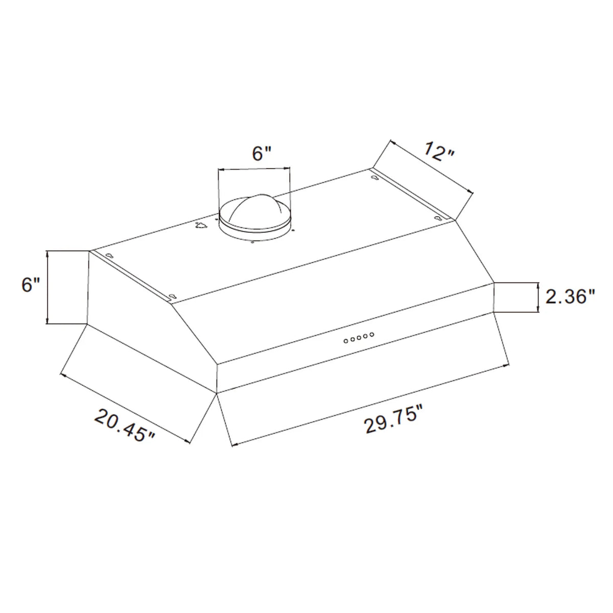 Empava ducted range hood size diagram with 30.75 in length and 29.75 in depth