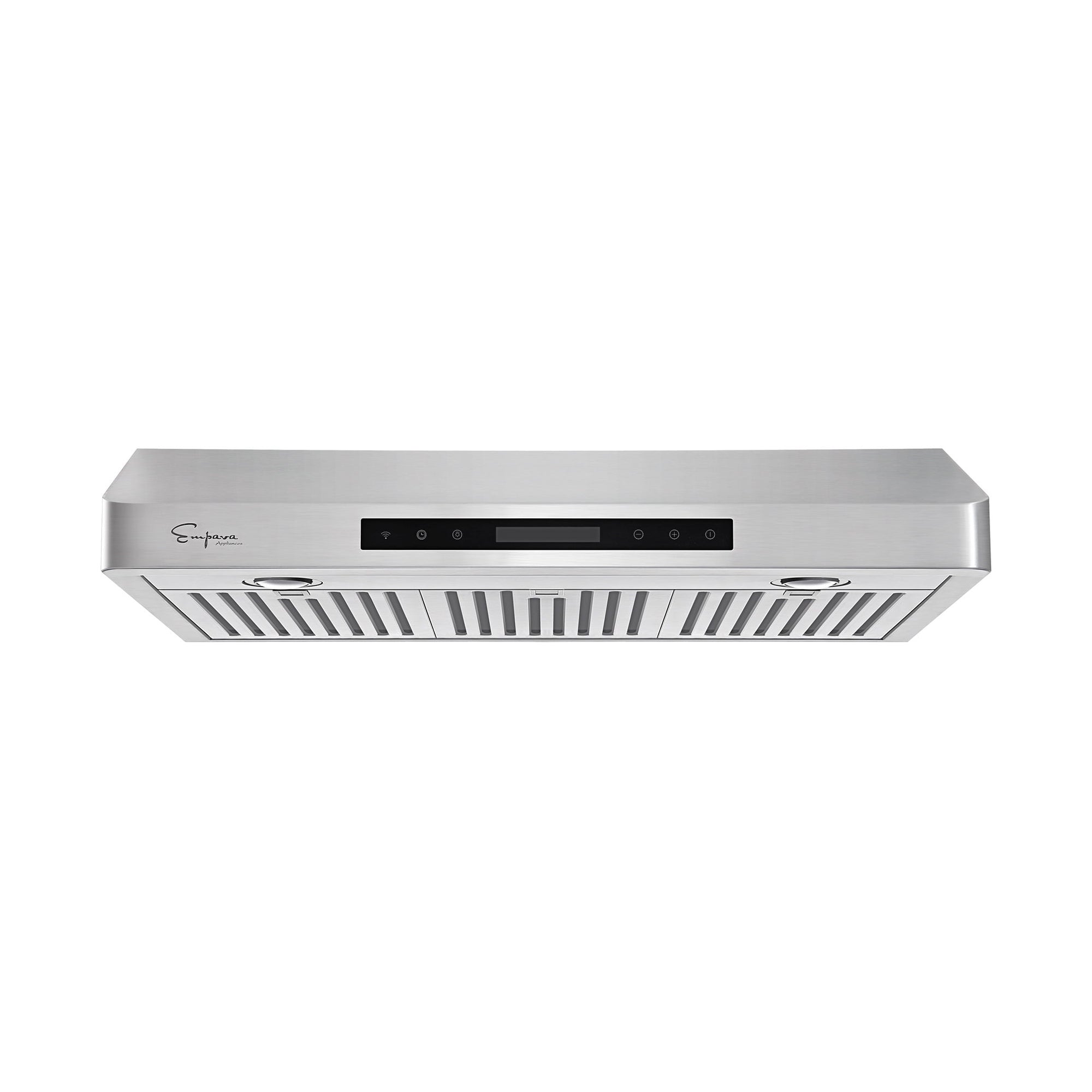 Stainless steel under-cabinet range hood with black control panel and vented grille