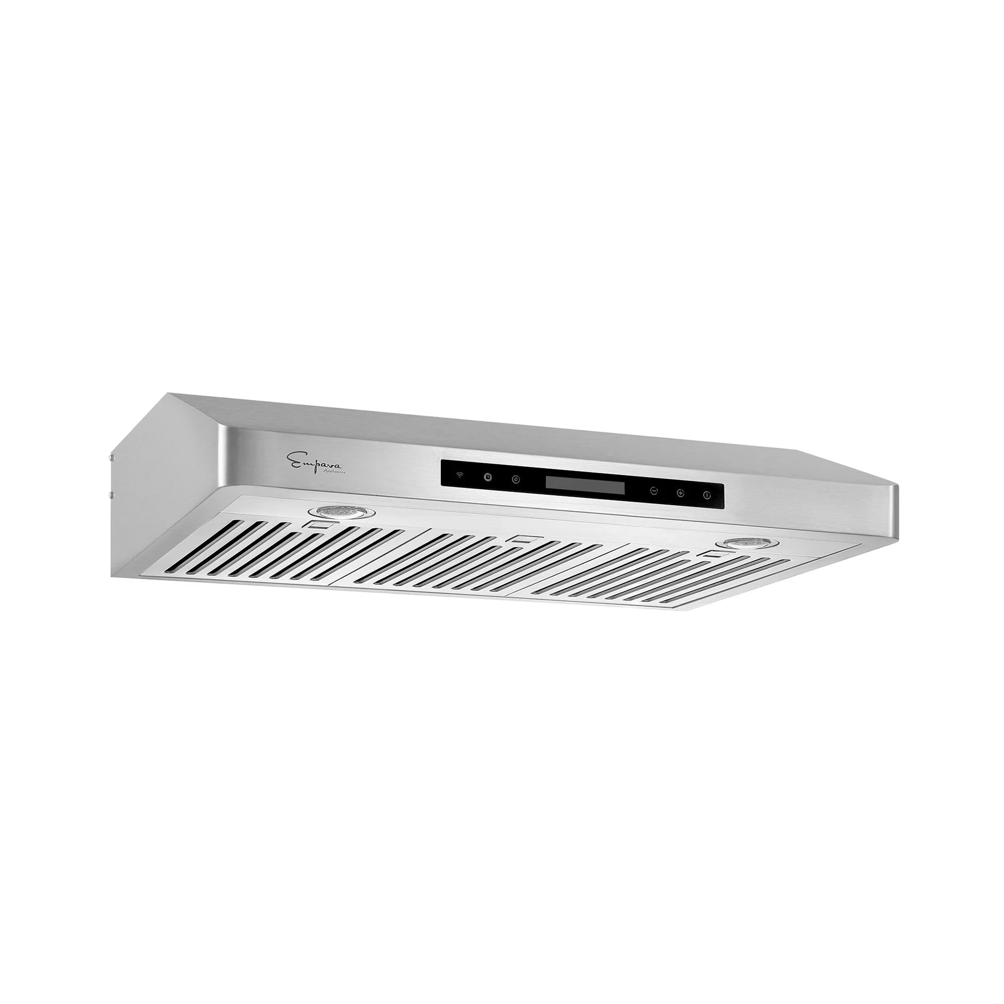 Stainless steel under-cabinet range hood with black LED-style touch controls