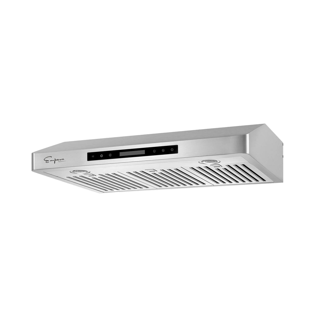 Stainless steel under-cabinet range hood underside with vented grille and controls