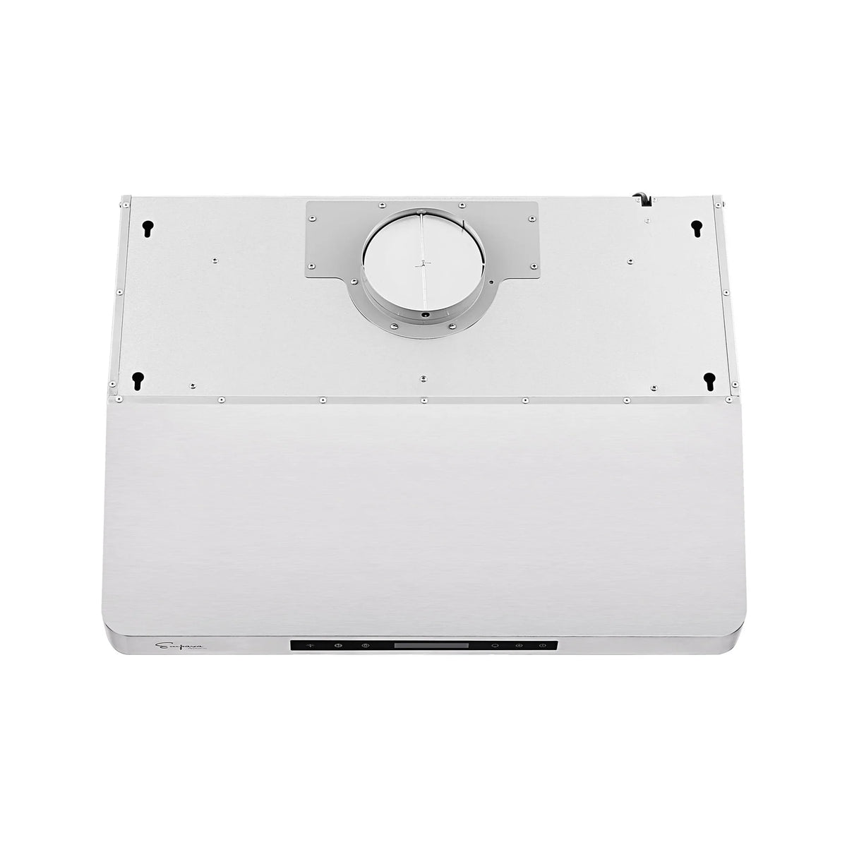 Stainless steel range hood back housing with mounting holes and recessed control strip