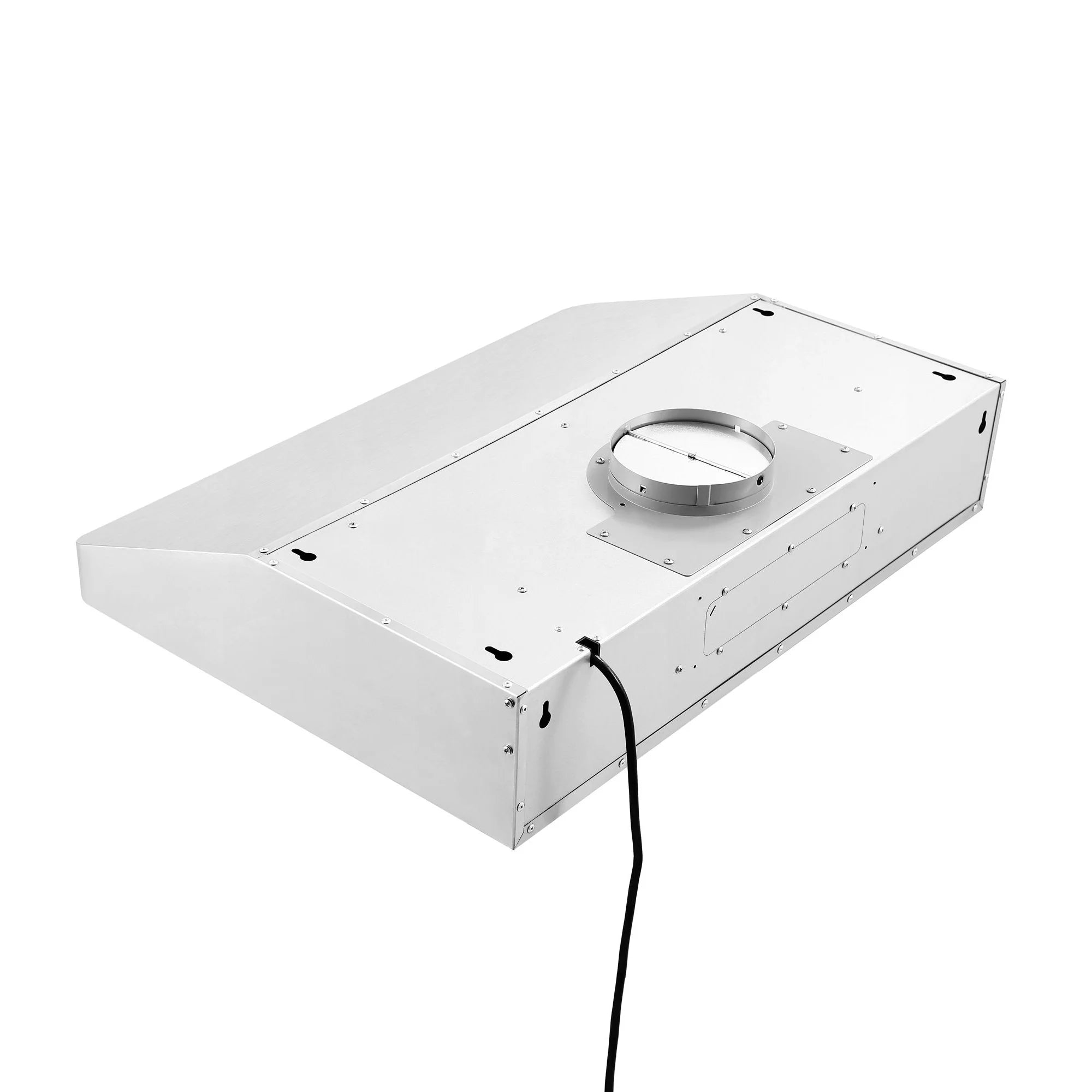 Range hood duct blower housing with round intake opening and attached cable
