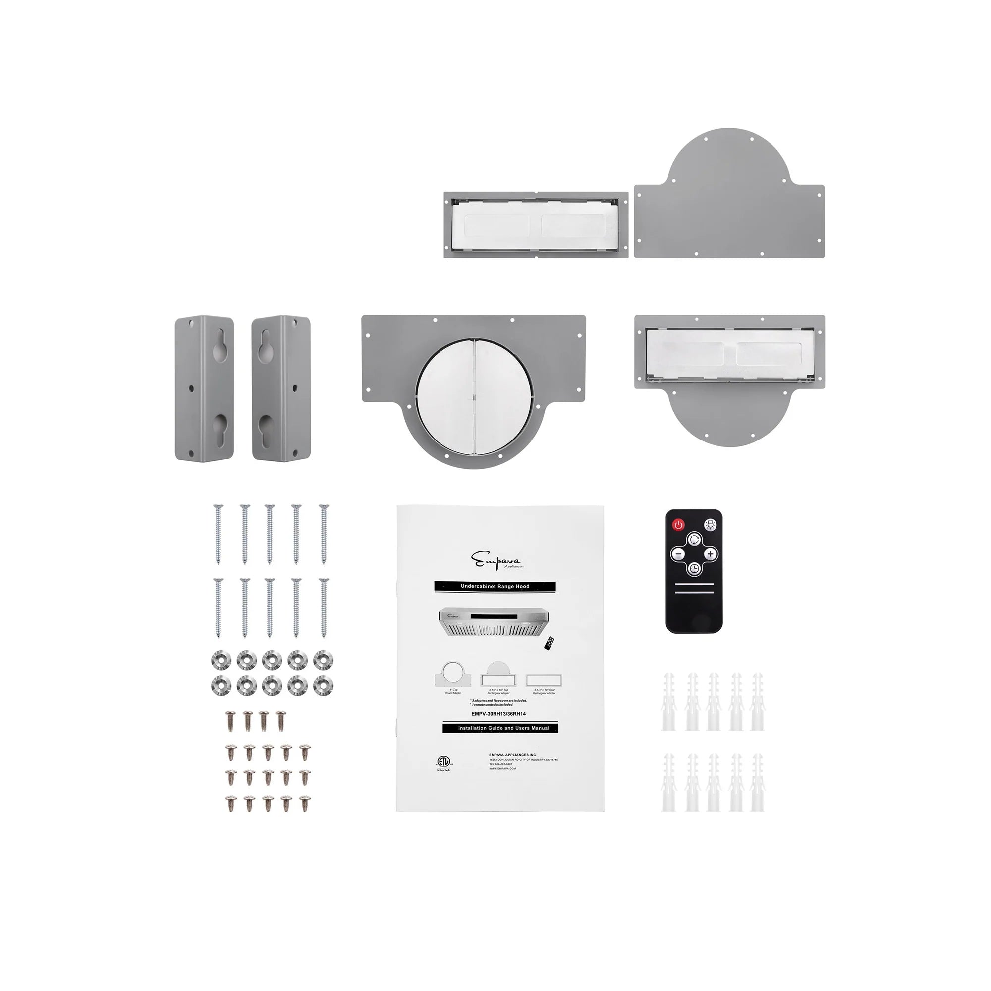 Range hood installation parts kit with mounting pieces, manual, and remote control