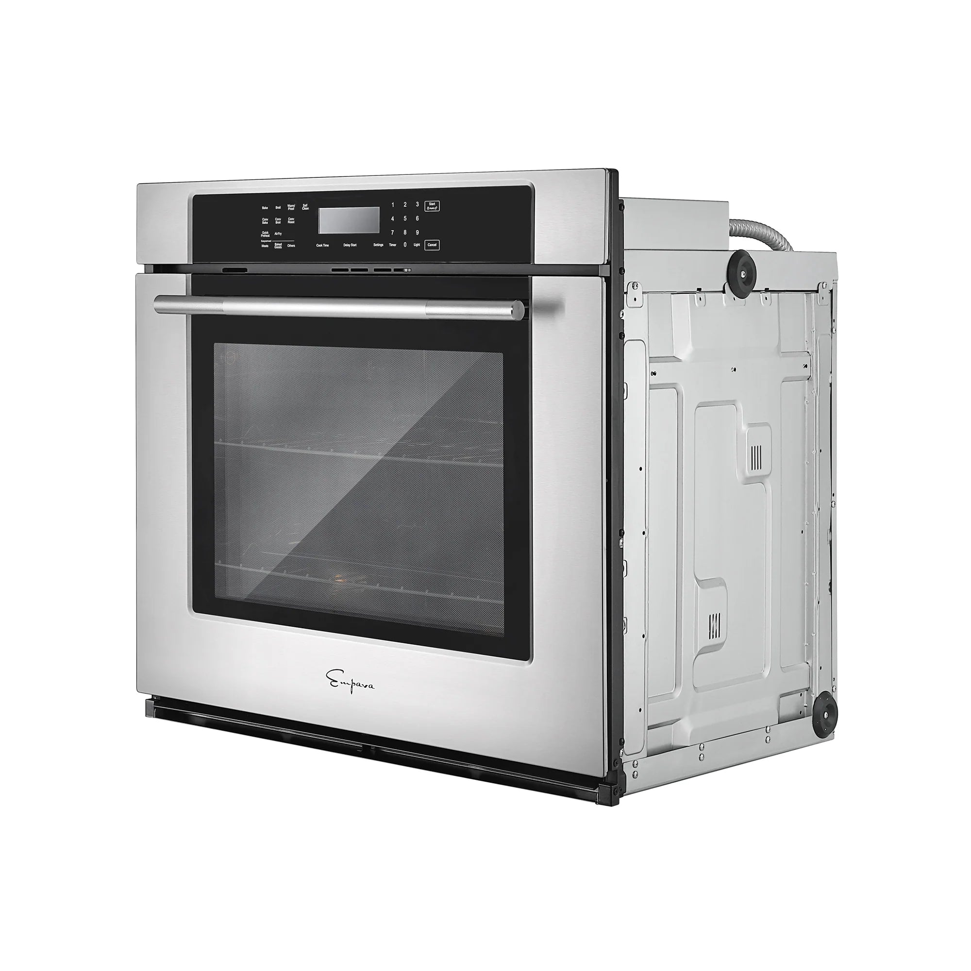 Stainless steel electric wall oven with open side panel revealing internal components