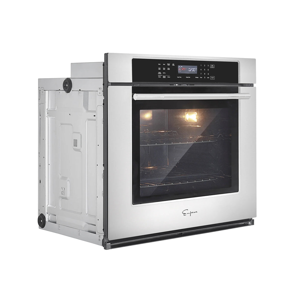 Stainless steel electric wall oven with open door and oven light on