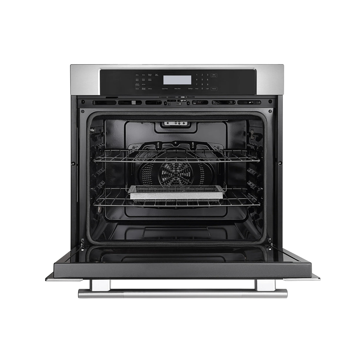 Electric wall oven with open door showing interior racks and fan area