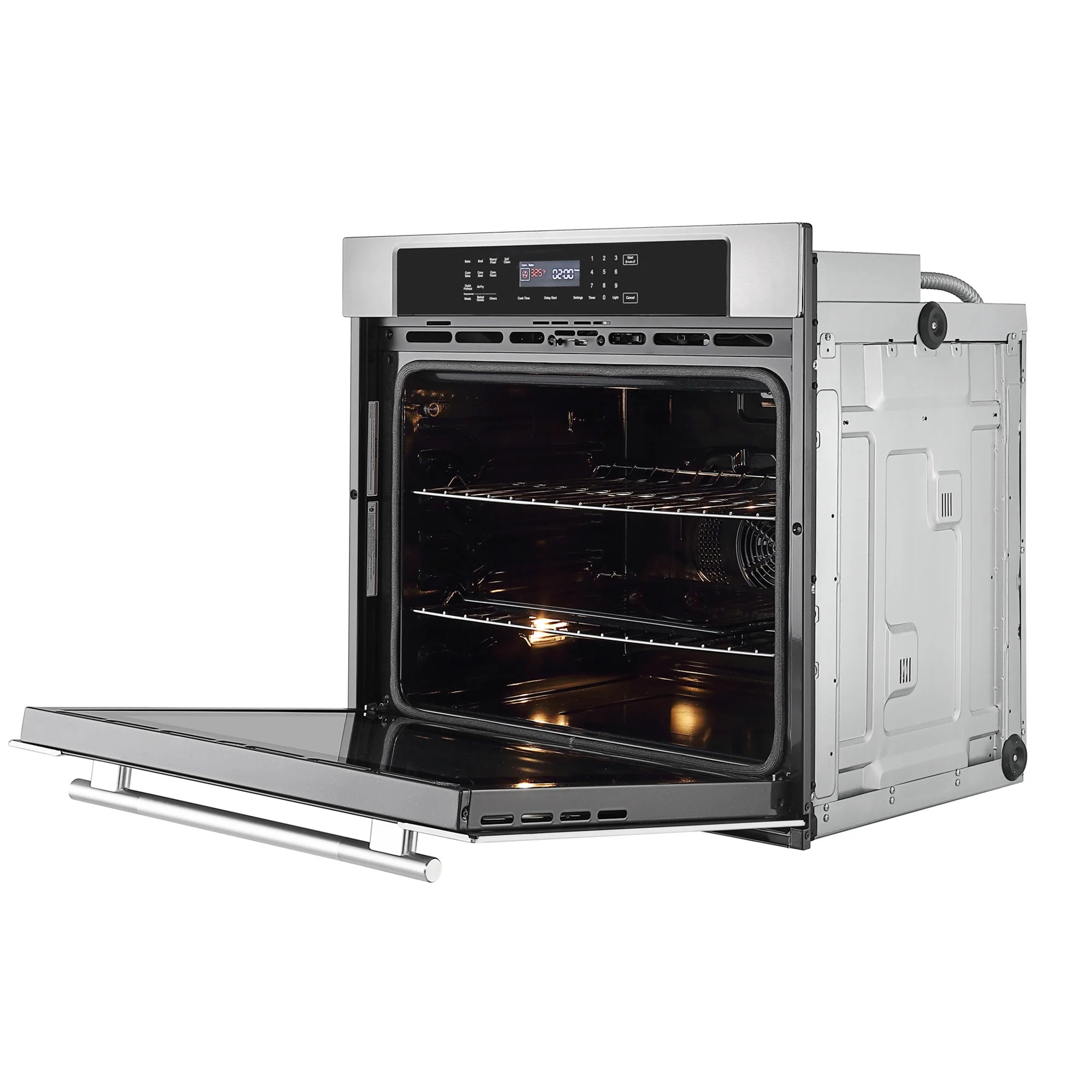Electric single wall oven with door open, interior light on, racks and heating element