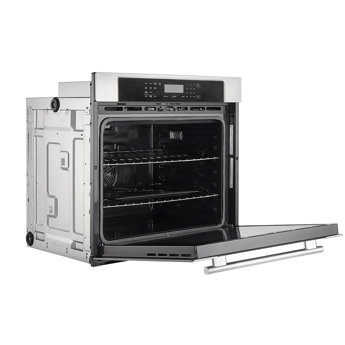Electric wall oven with open door showing oven cavity, racks, and side rails
