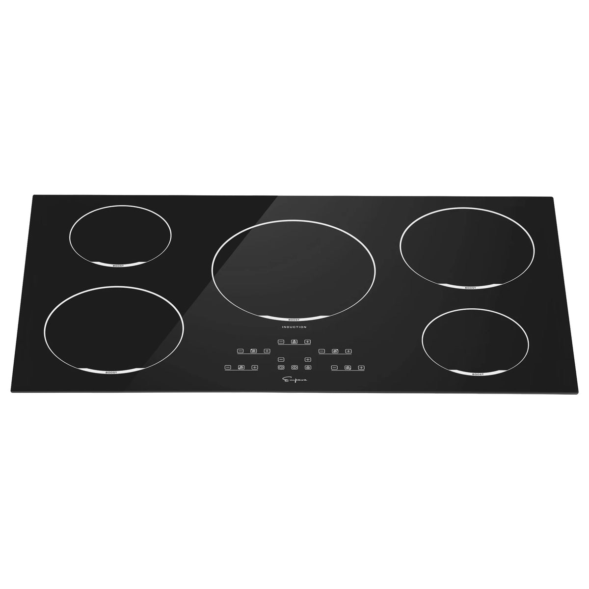 Black 5-zone induction cooktop with five burner rings and central touch control panel.