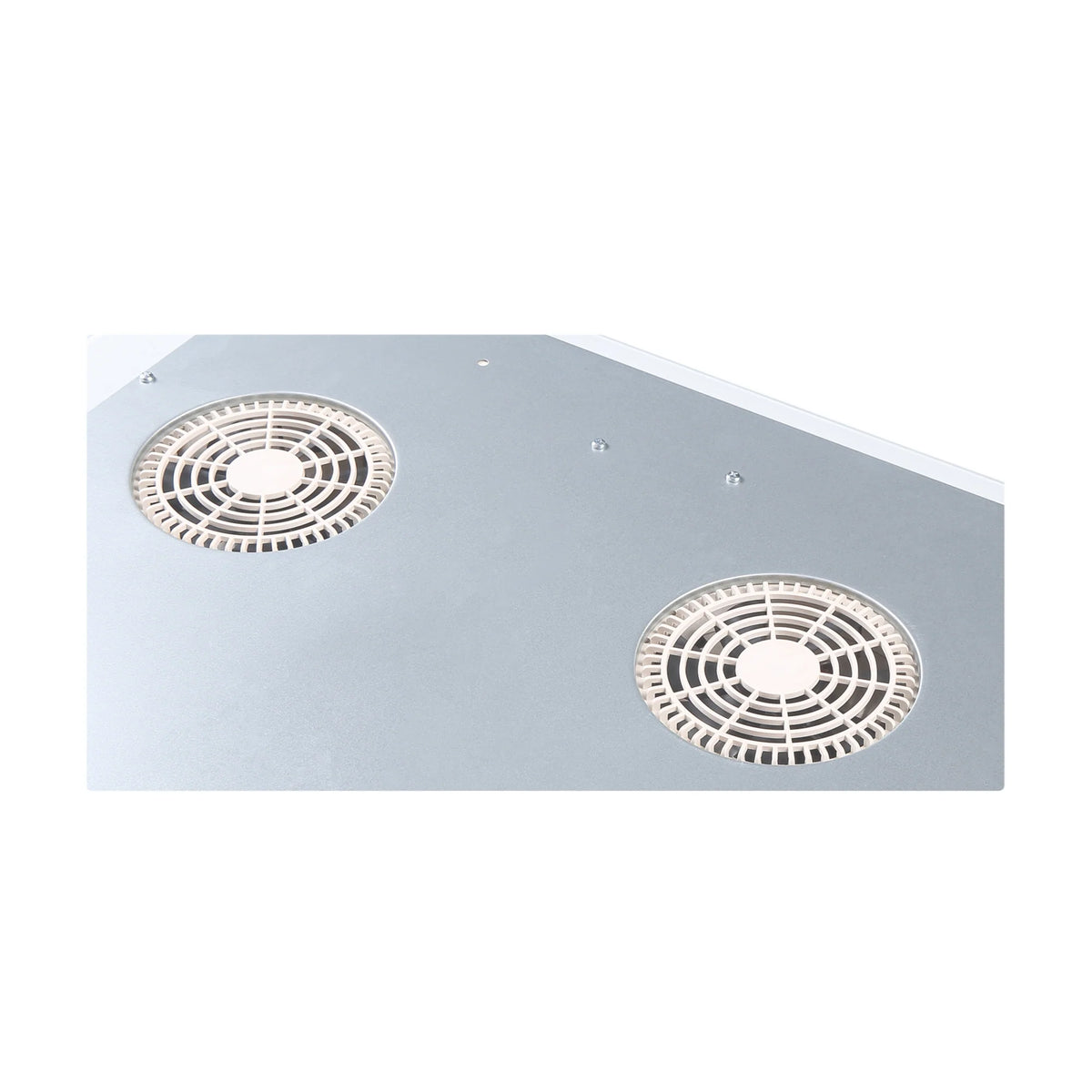 Induction cooktop underside with two cooling fan grilles and ventilation openings.