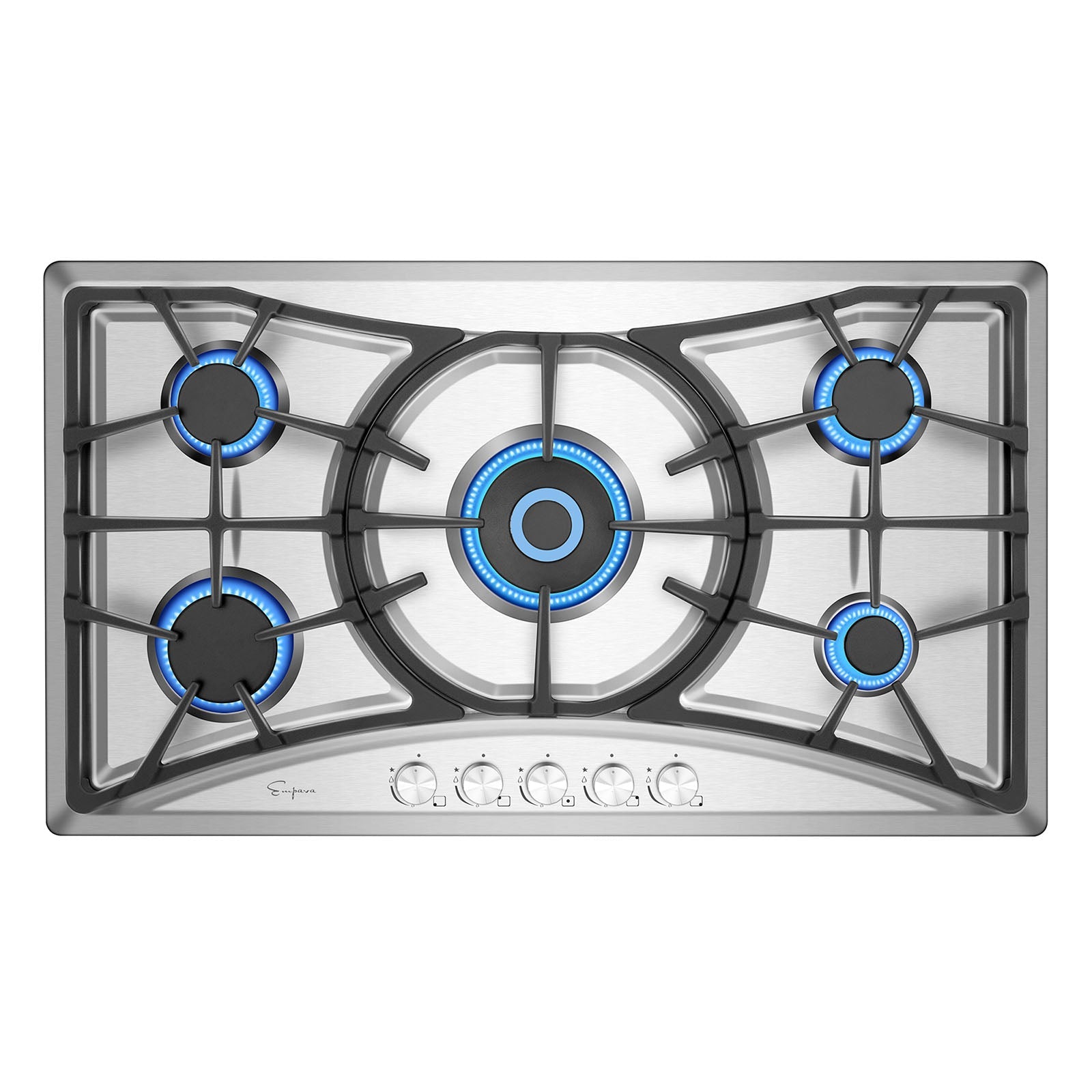 Stainless steel 36-inch built-in natural gas cooktop with four blue-lit burners