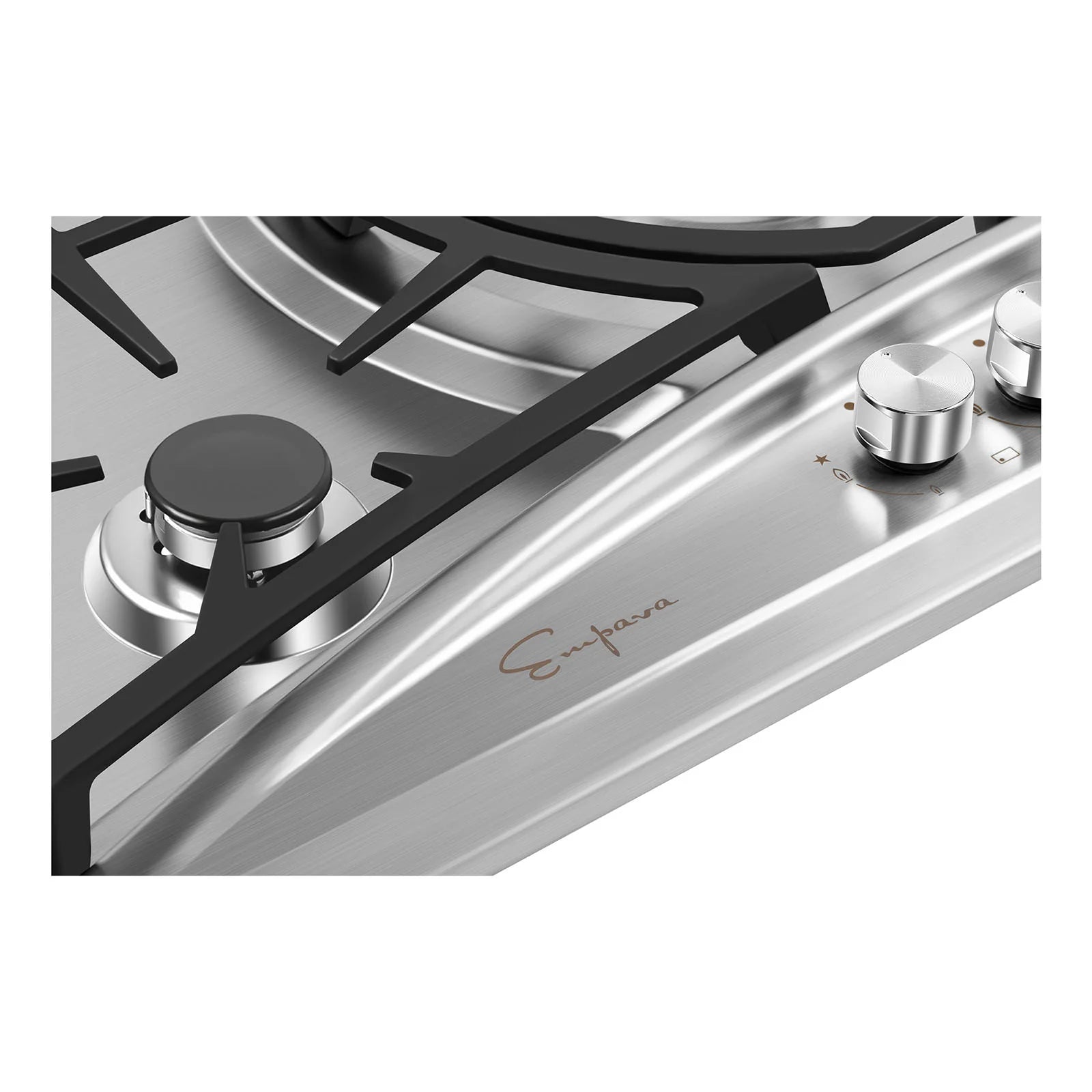 Stainless steel cooktop front panel with black burner caps and metal control knobs