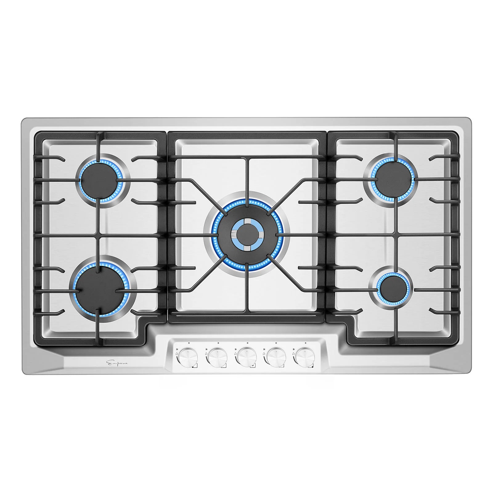 Stainless steel built-in natural gas cooktop with five lit burners and metal grates