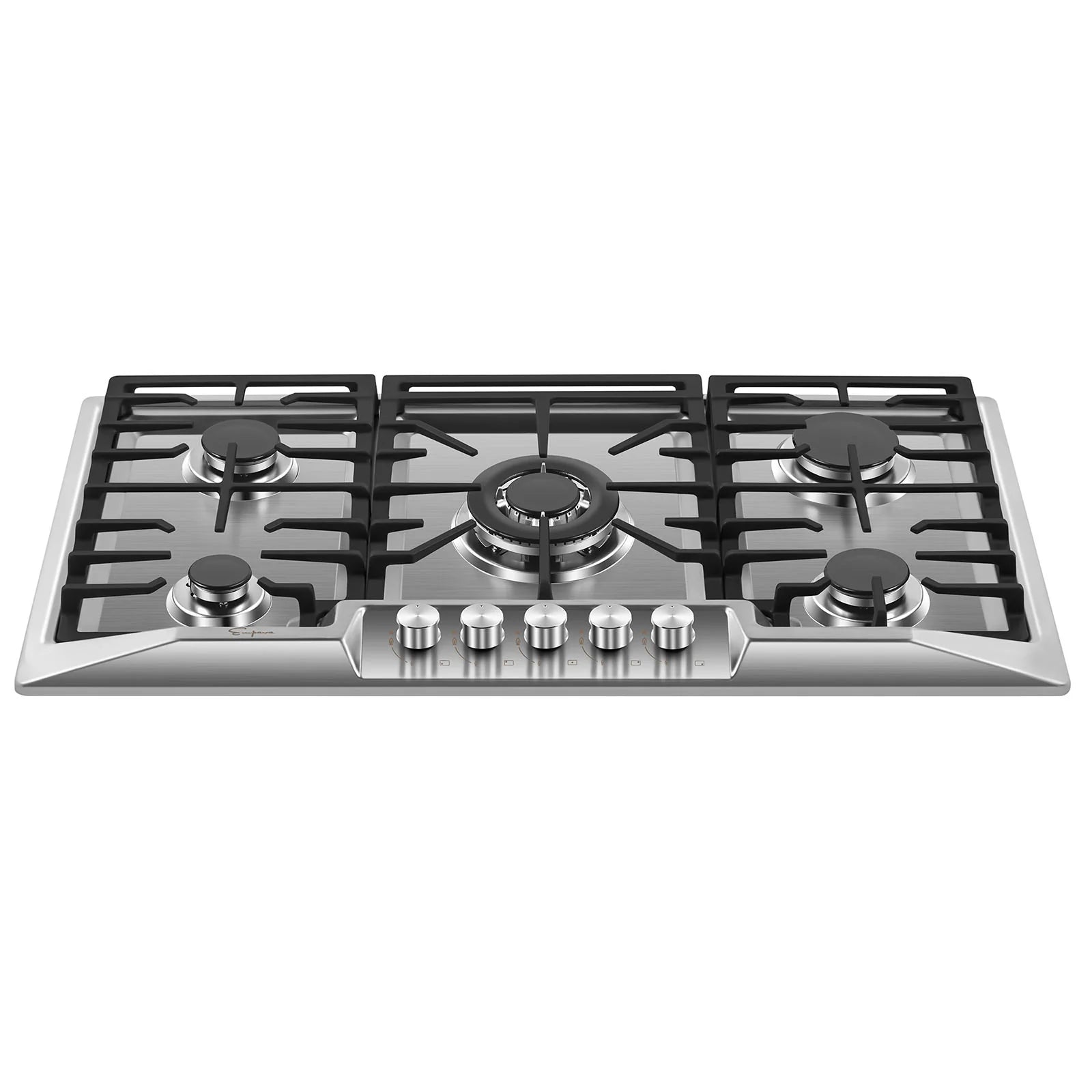 Stainless steel built-in natural gas cooktop showing five burners and front control knobs