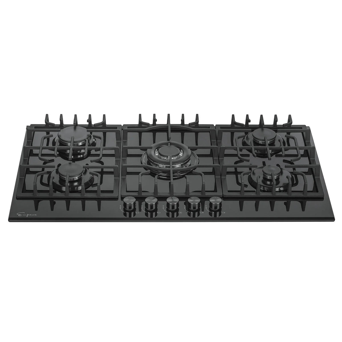 Black built-in natural gas cooktop with five burners, grates, and control knobs