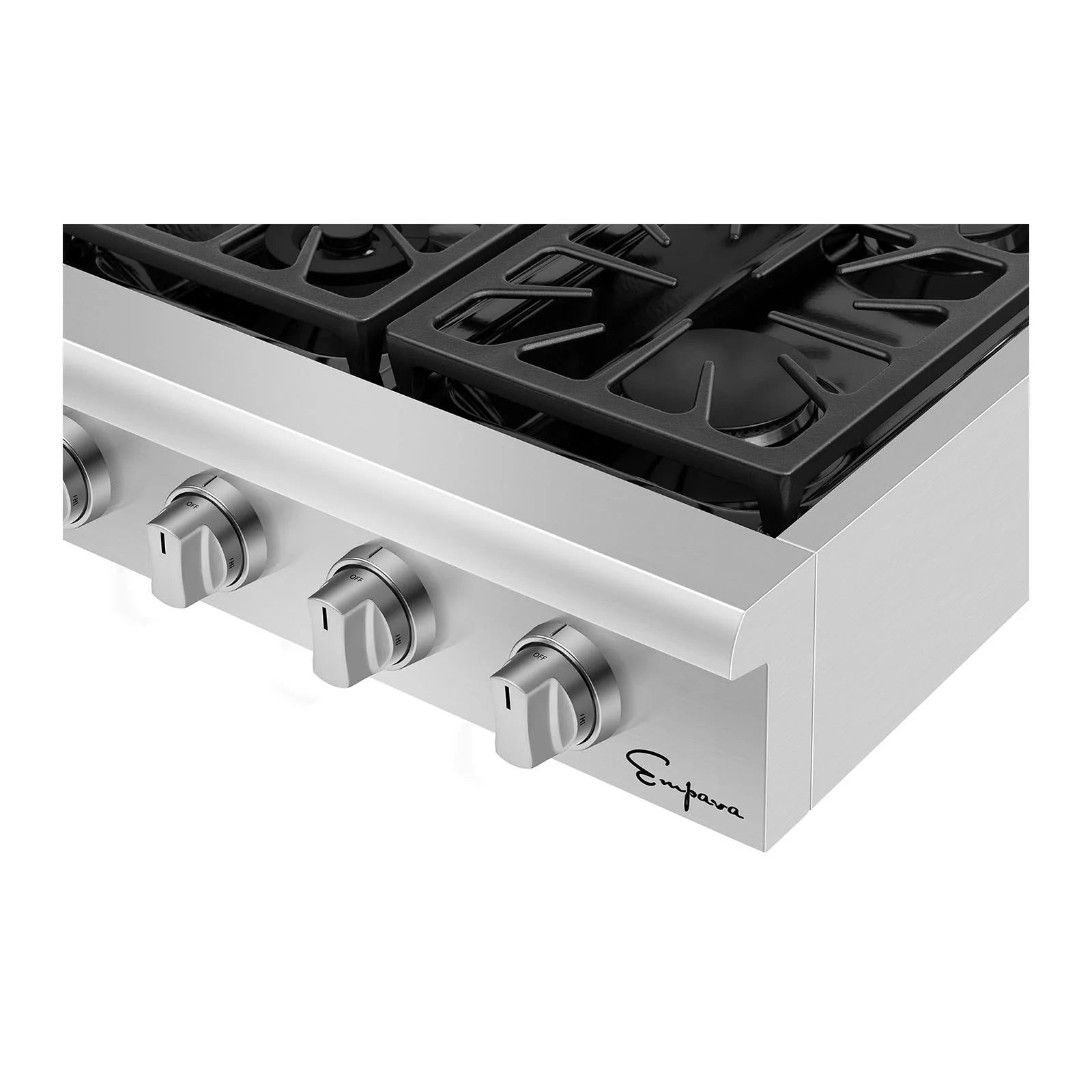 Stainless cooktop front with multiple control knobs and black grate openings