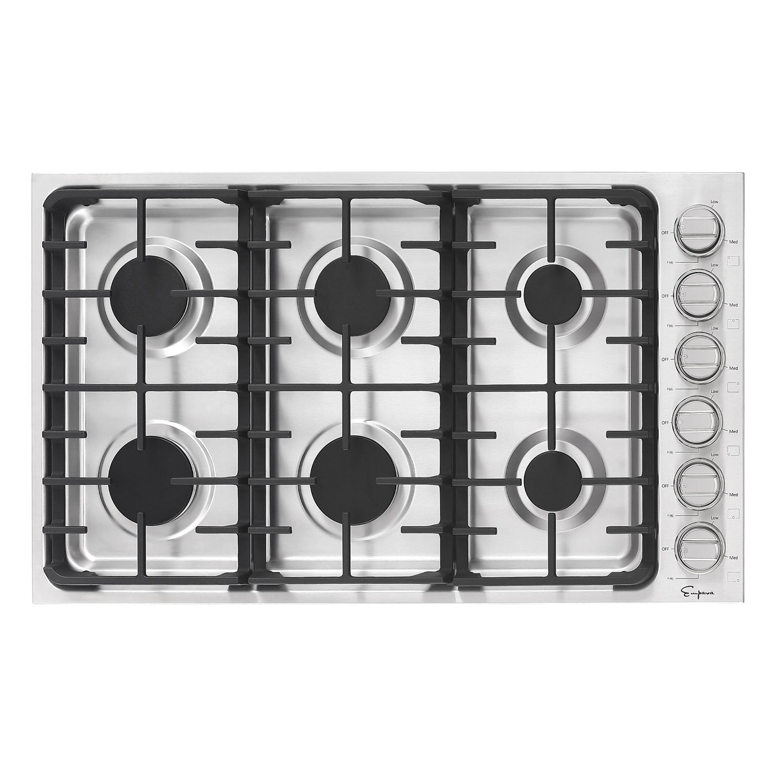 Stainless steel 36 in gas cooktop with six black burner caps and metal grate frame