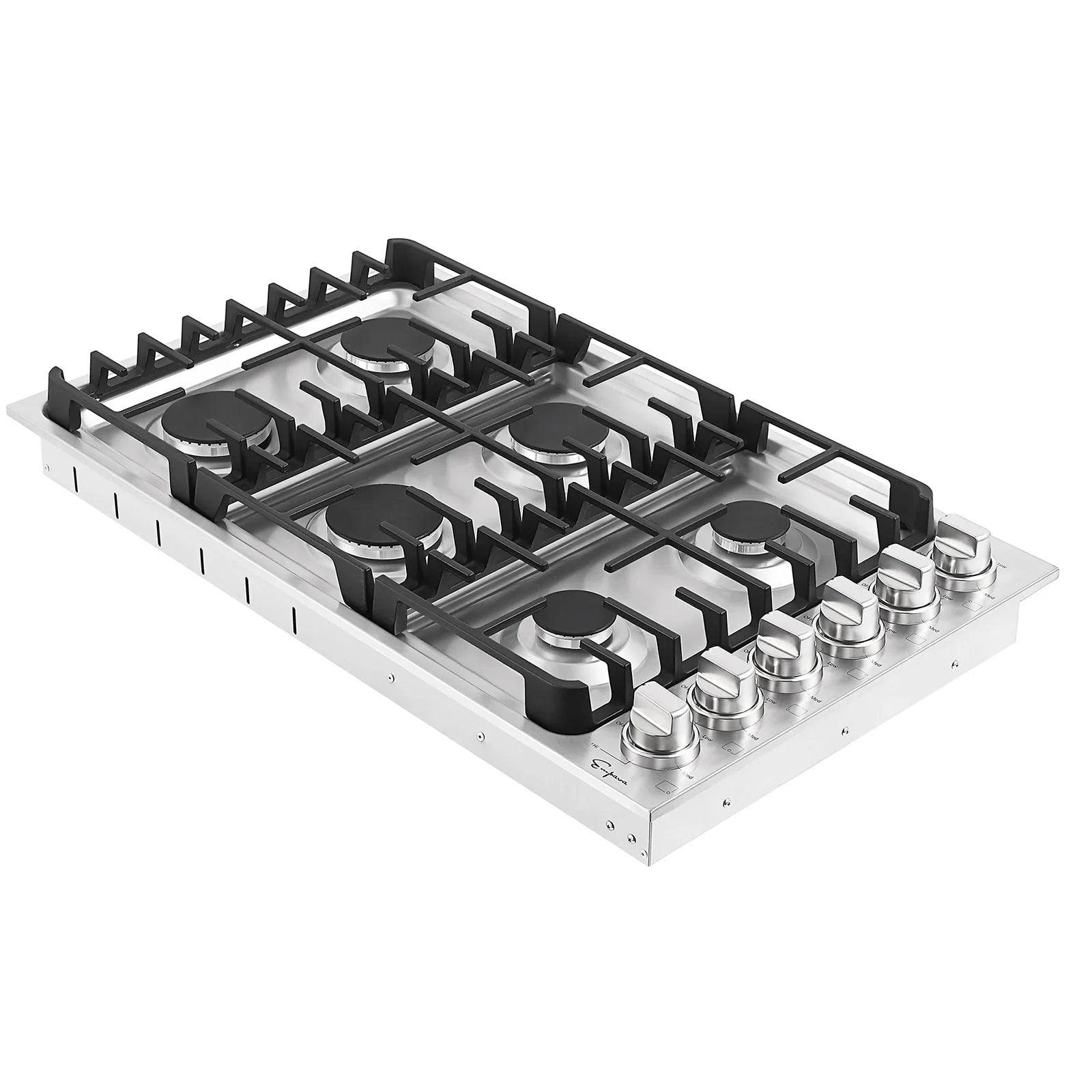 Stainless steel gas cooktop with black grates and round stainless control knobs