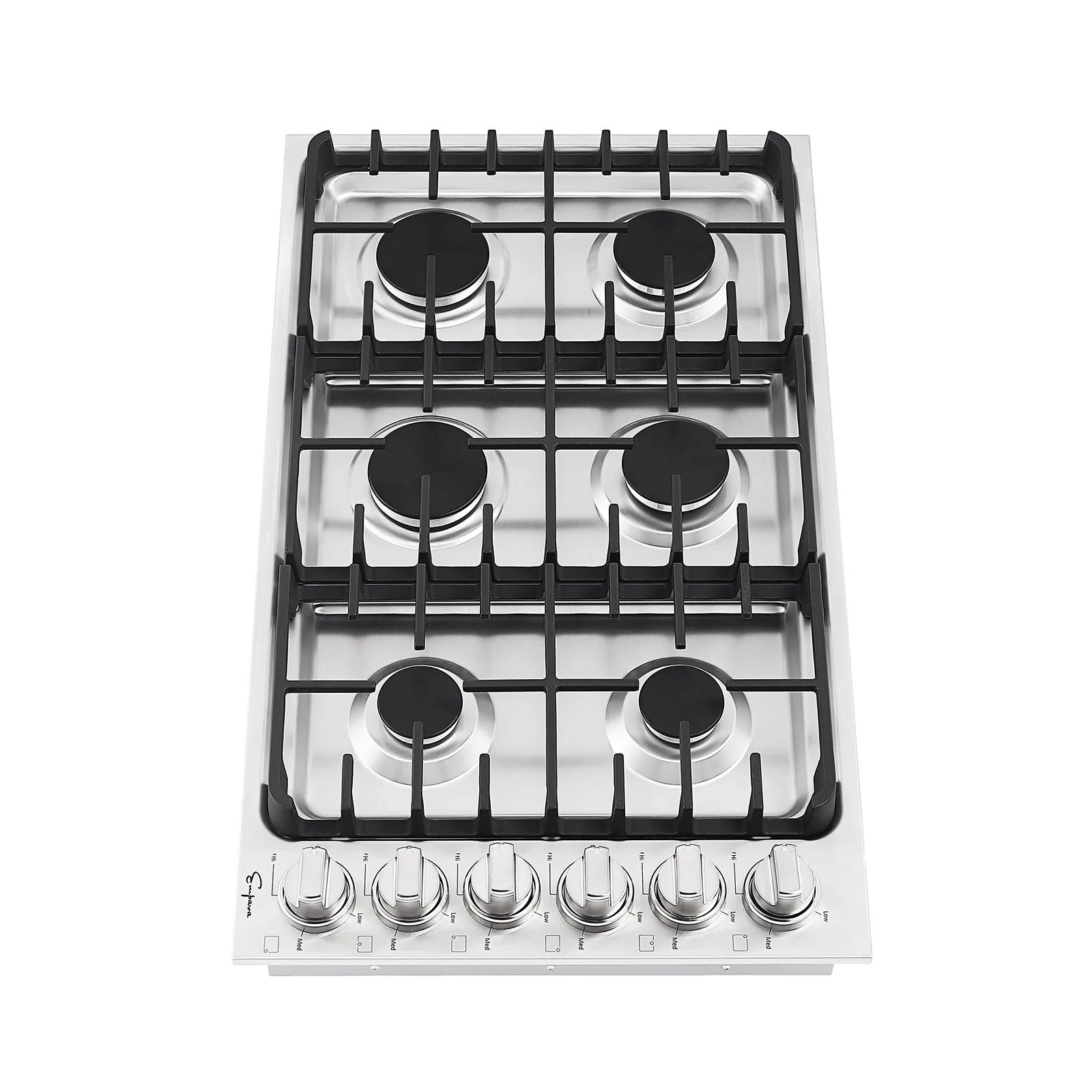 Stainless steel gas cooktop with six black burner caps and front control knobs