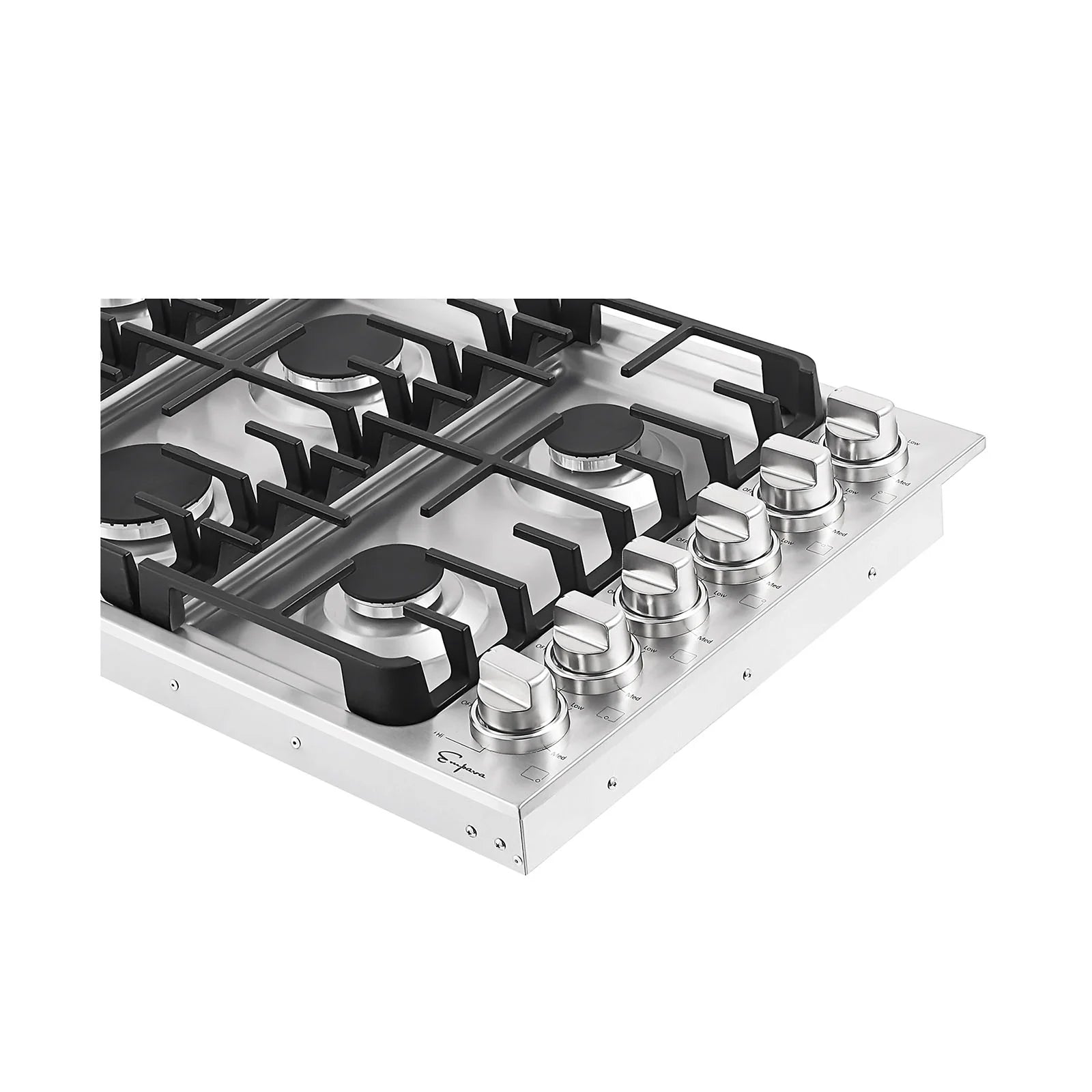 Stainless steel gas cooktop with black grates and stainless control knobs along the side