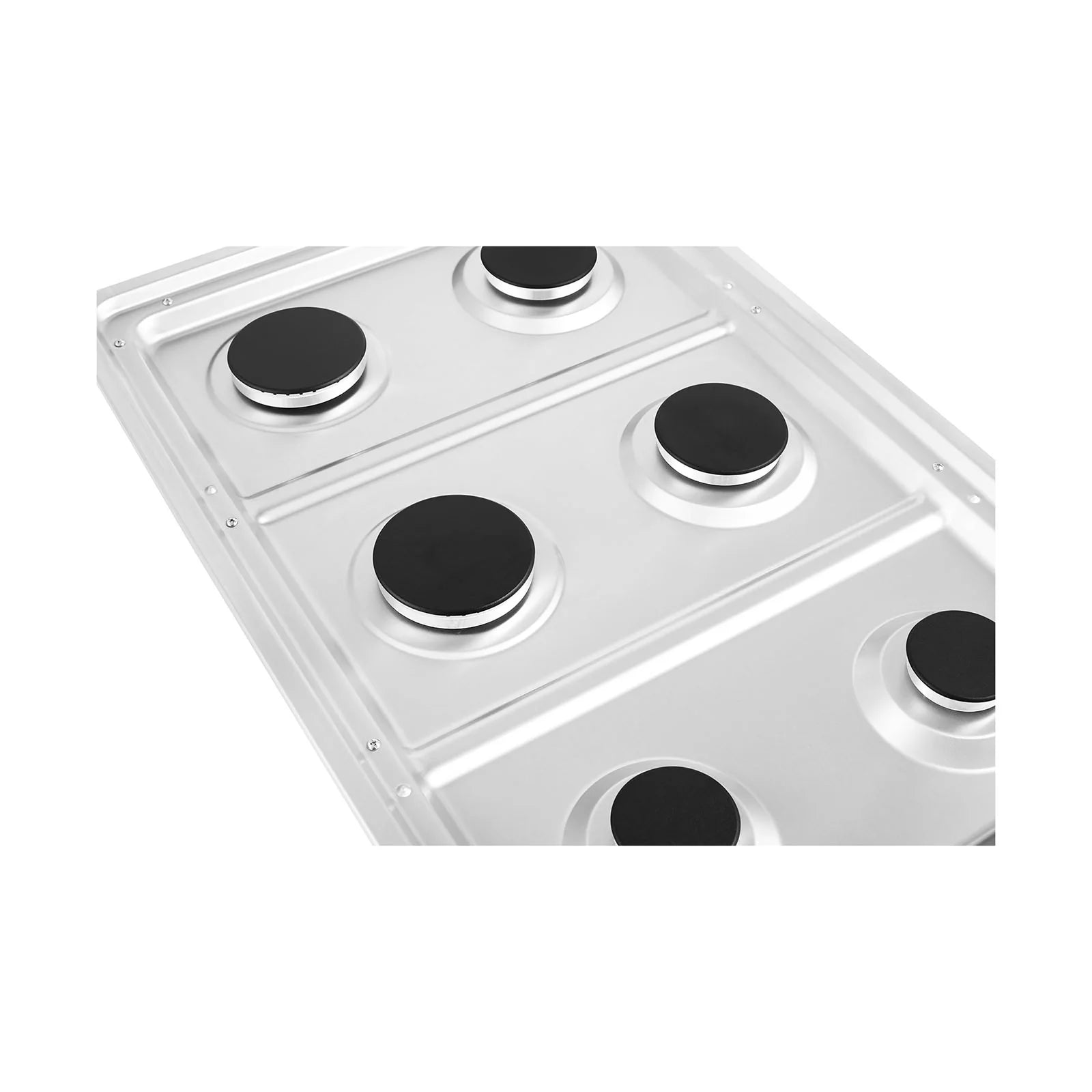 Stainless steel cooktop top with black burner caps and silver control knob stems