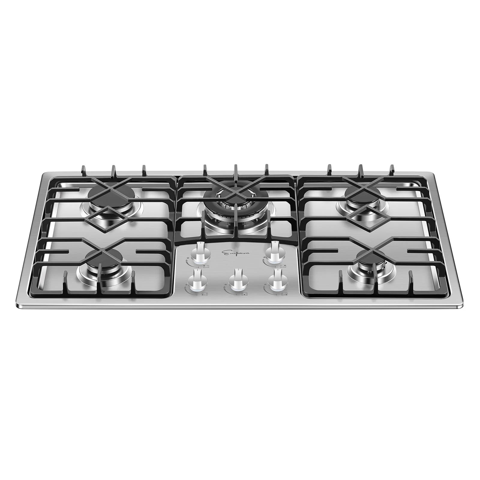 Stainless steel built-in natural gas cooktop with five burners and center controls