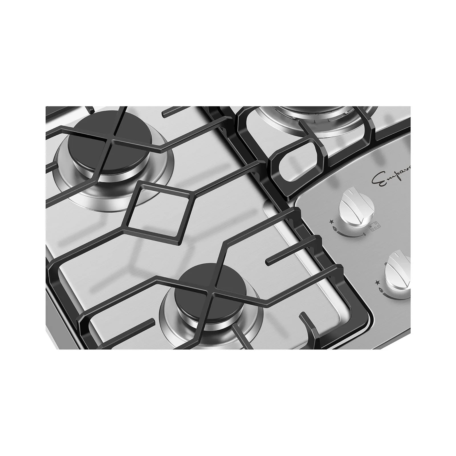 Close-up of stainless steel natural gas cooktop burner with black grate and knob