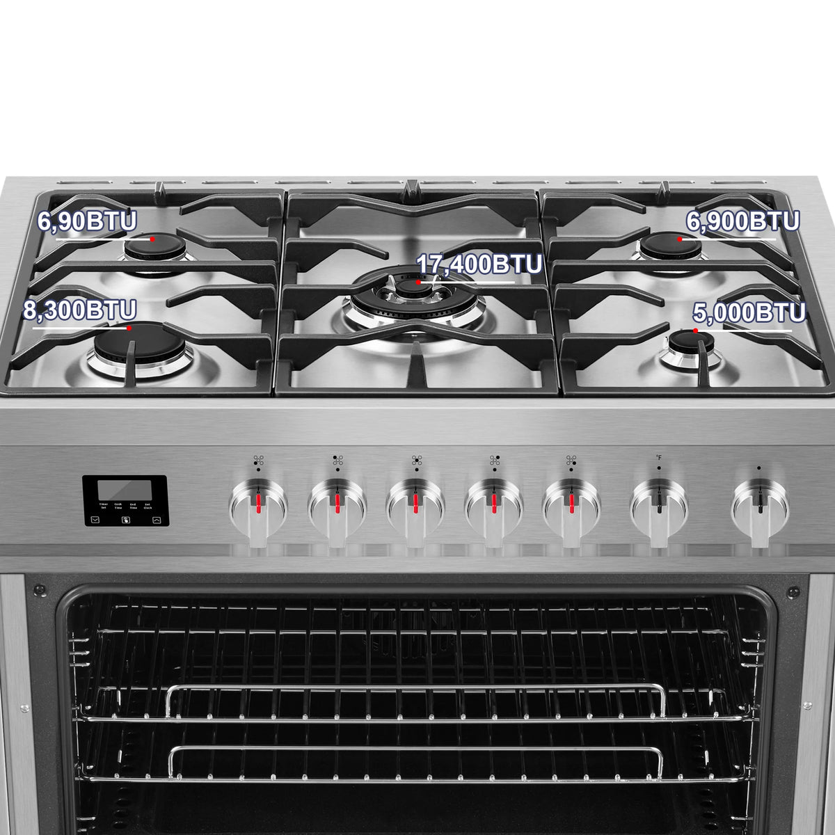 Stainless steel gas range showing burners, BTU ratings, and oven with racks