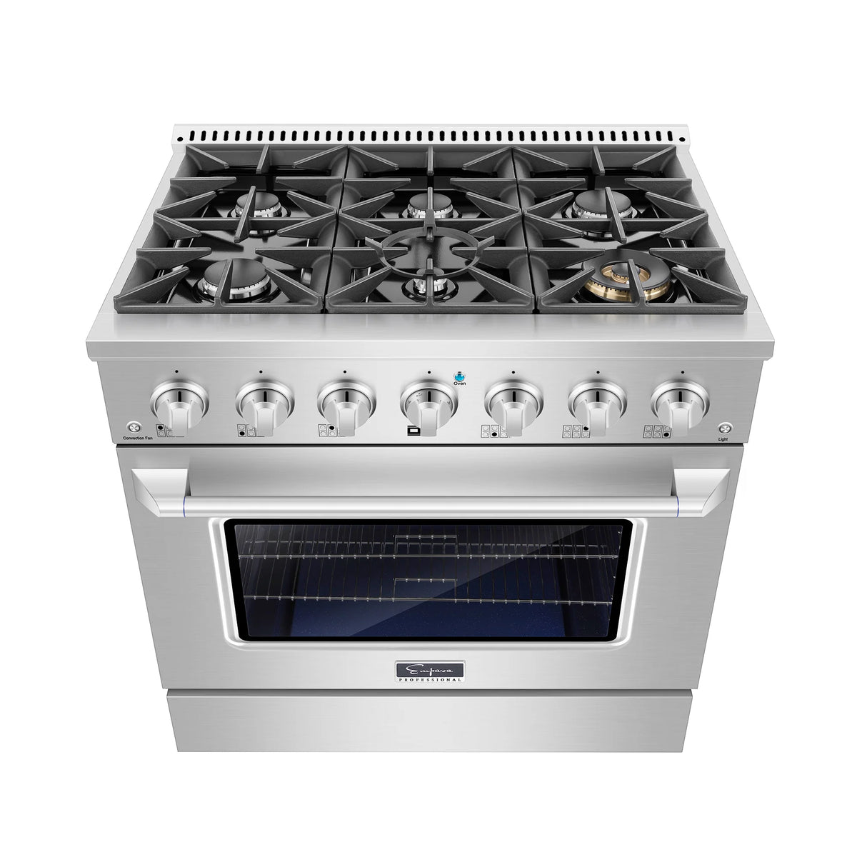 Gas range with open cooktop grates, stainless knobs, and oven door window