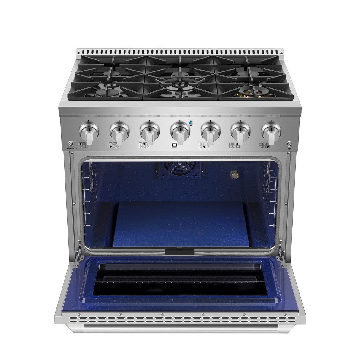 Open oven and cooktop: stainless gas range with burners and blue interior