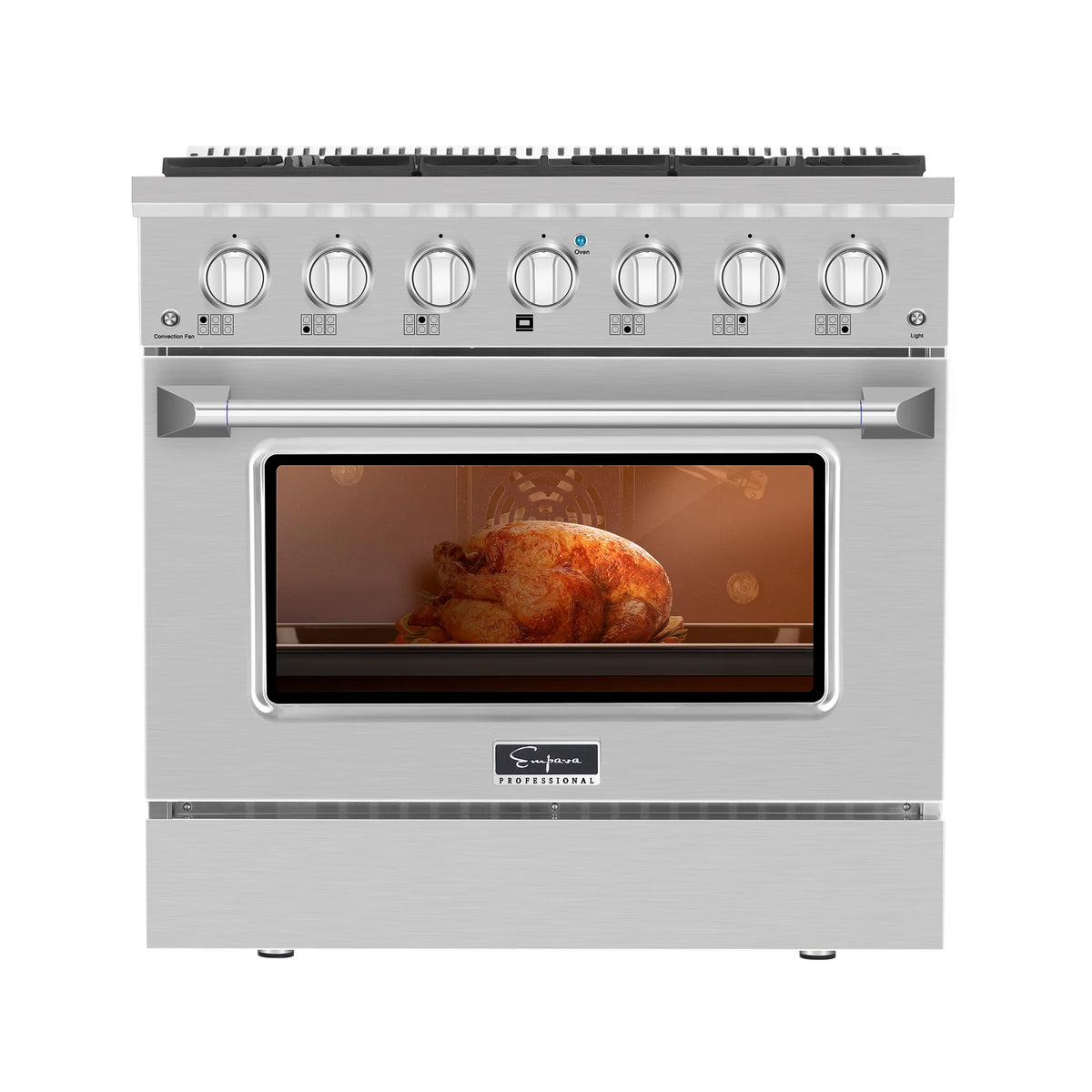 Single gas oven with interior light showing roasted chicken through the window