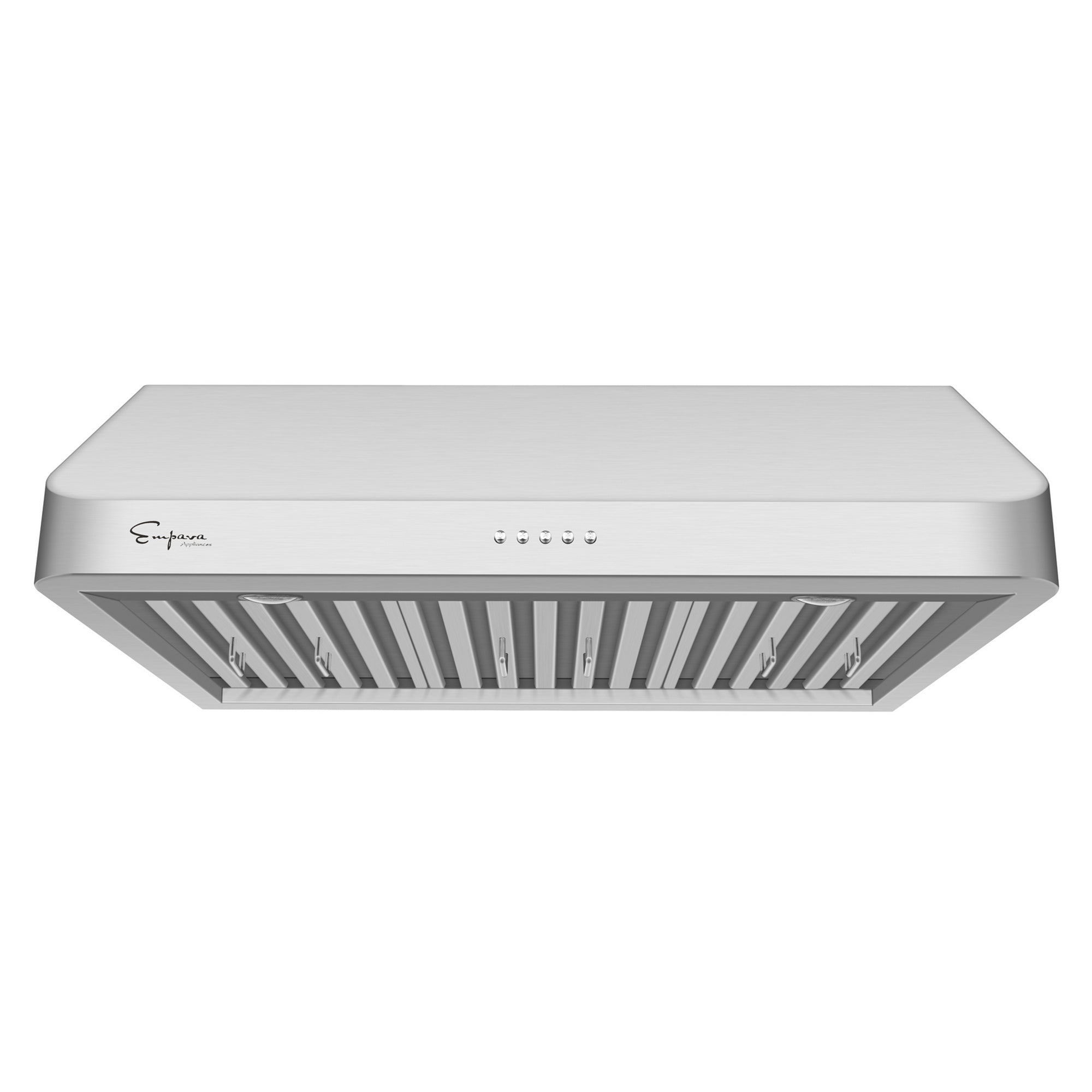 Stainless steel under-cabinet range hood with front baffle filter and control buttons