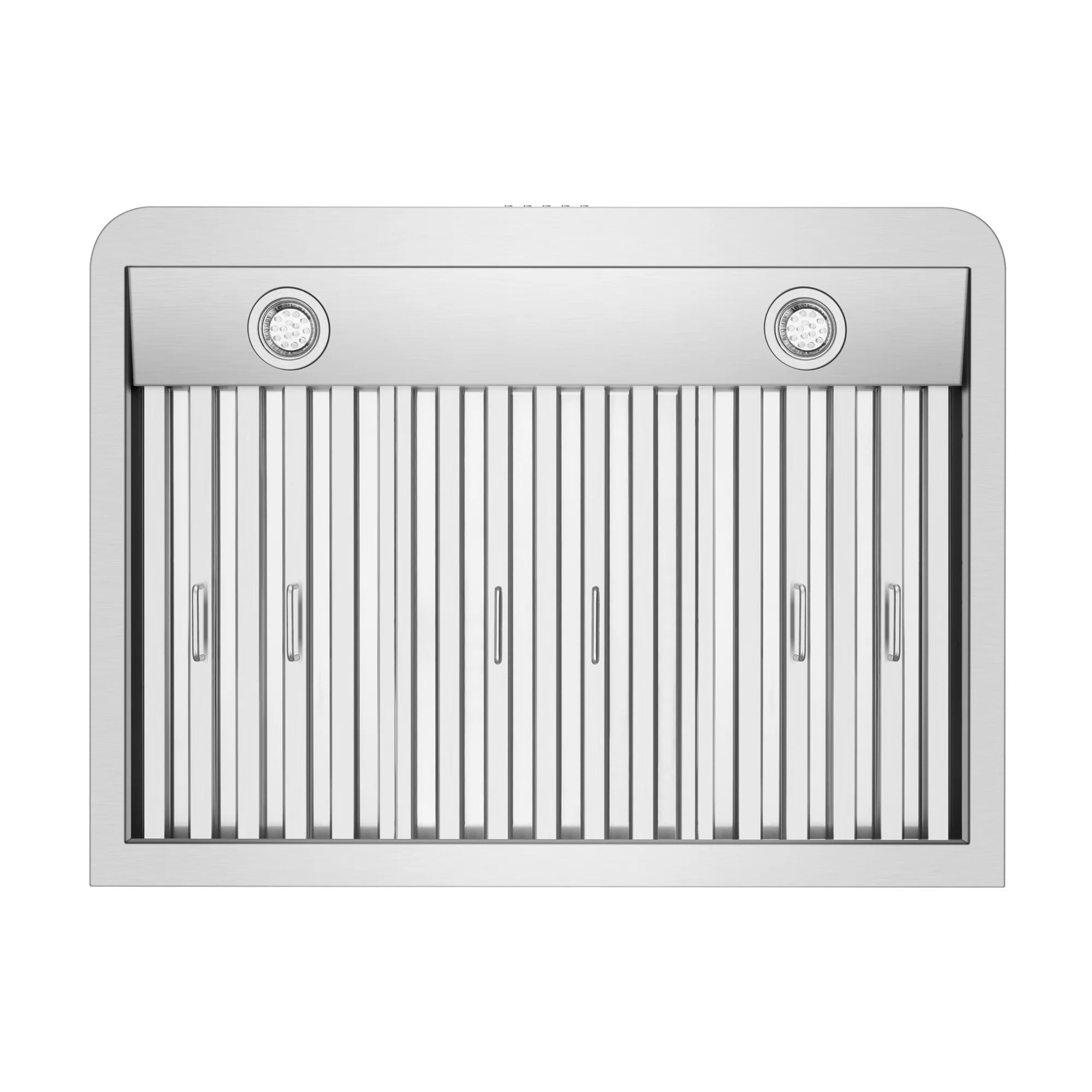 Under-cabinet range hood underside with vertical baffle filter panels and two lights