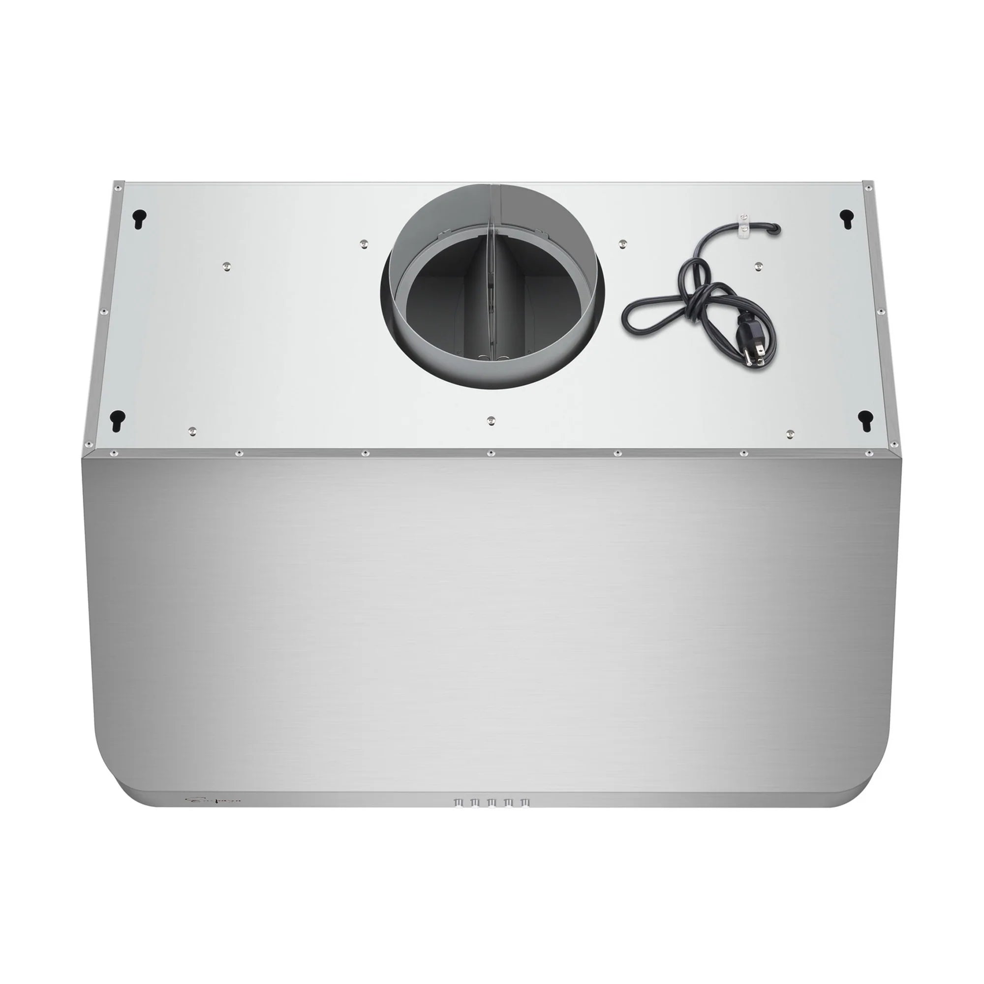 Stainless steel range hood duct collar on the underside with electrical cord