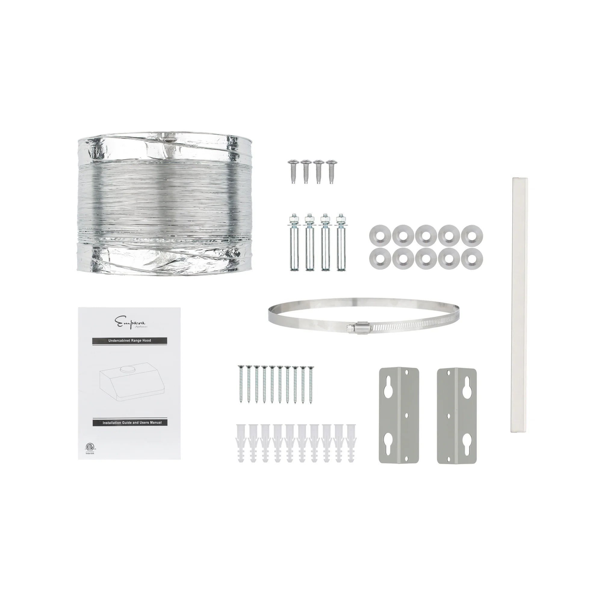 Range hood installation parts kit including duct collar, screws, brackets, and seals