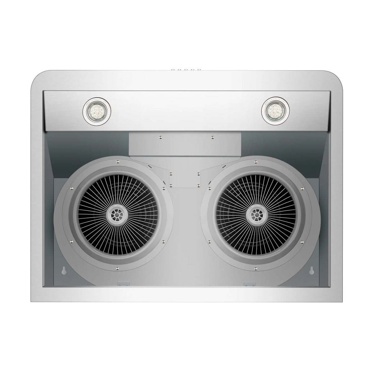Built-in fan openings and two round lights on the underside of a range hood